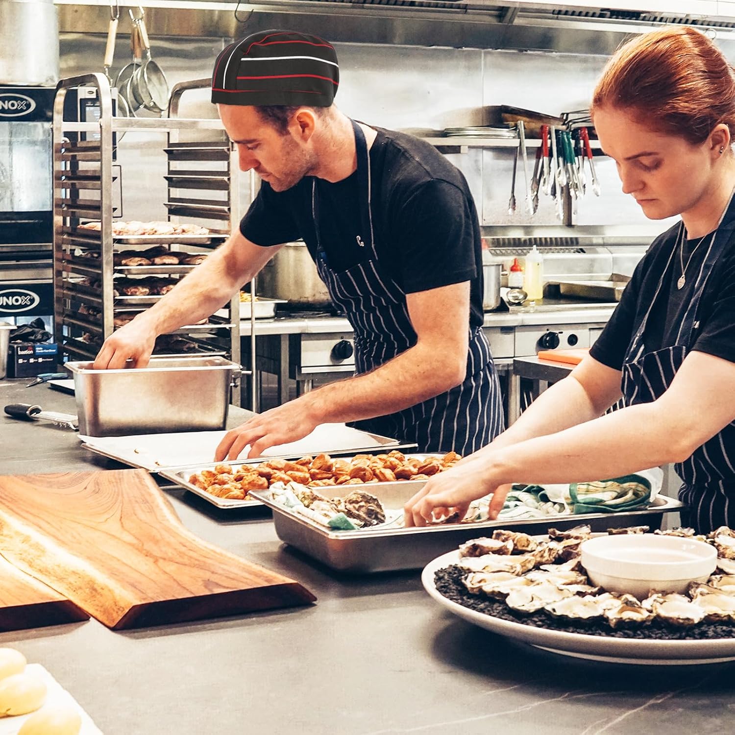 2pcs Chef Hats Pirate Style Kitchen Cooking Caps with Colorful Striped Band, Catering Skull Caps for Restaurant, BBQ, Food Service Uniform