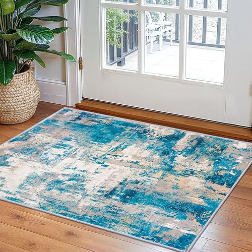 Miniatura 128 de KOZYFLY Alfombra moderna abstracta lavable de 2.6 x 10 pies, antideslizante, suave, alfombra de camino de cocina, alfombra a rayas azules óxido para