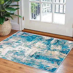 KOZYFLY Small Area Rug 2x3 Rug Entryway Rugs Indoor Non-Slip Modern Abstract Machine Washable Rug, Kitchen Mats for Floor Front Door Rug Low Pile Small Carpet Floor Mats, Turquoise/Beige/Grey/Yellow