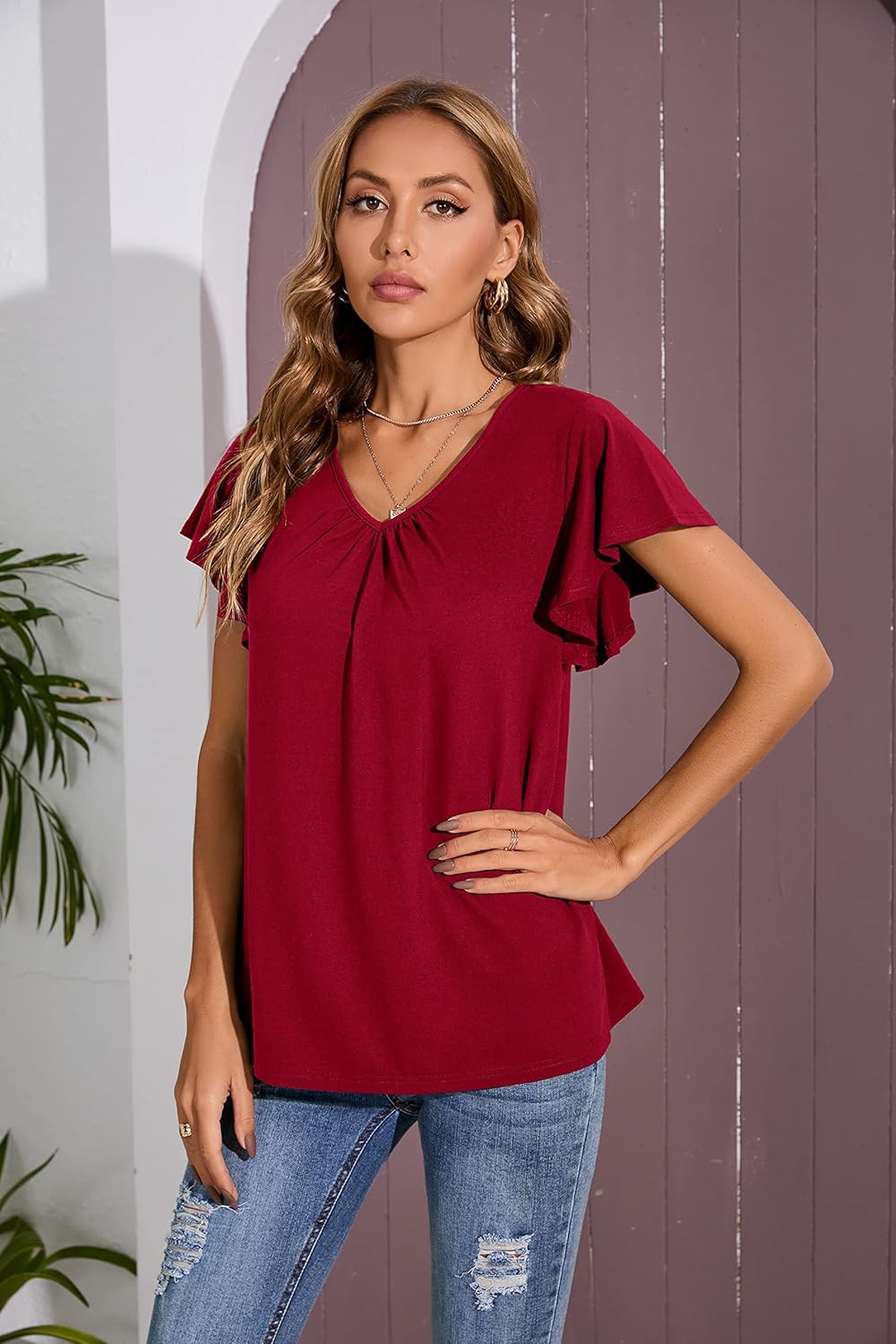 Iandroiy Women's Casual Shirred V-Neck Top Ruffle Short Sleeve Shirts Basic Pleated Top - Image 3