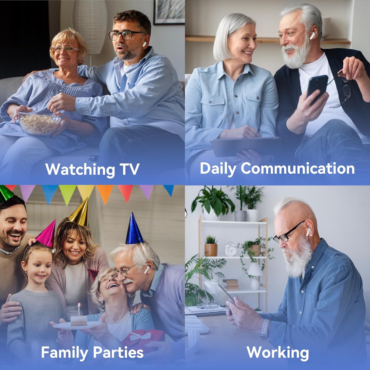 People using DiGGiNGSOUND T015 hearing aids in various daily activities