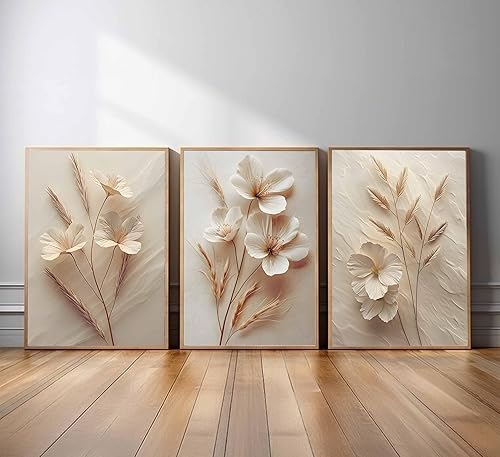 Miniatura 4 de 3 piezas de lienzo botánico floral beige neutro, arte de pared moderno y simple textura de plantas de flores, cuadro de decoración de pared, póster
