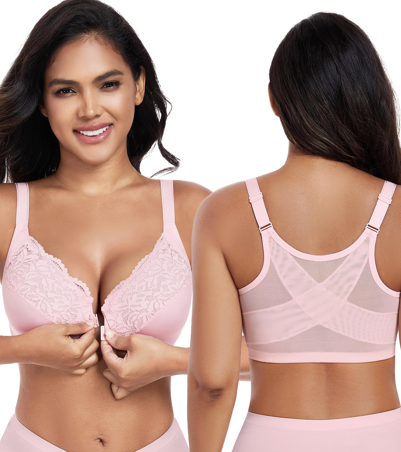 DotVol Front Closure Back Posture Support Bras for Women Underwire Unpadded Plus Size Full Coverage Floral Lace Everyday