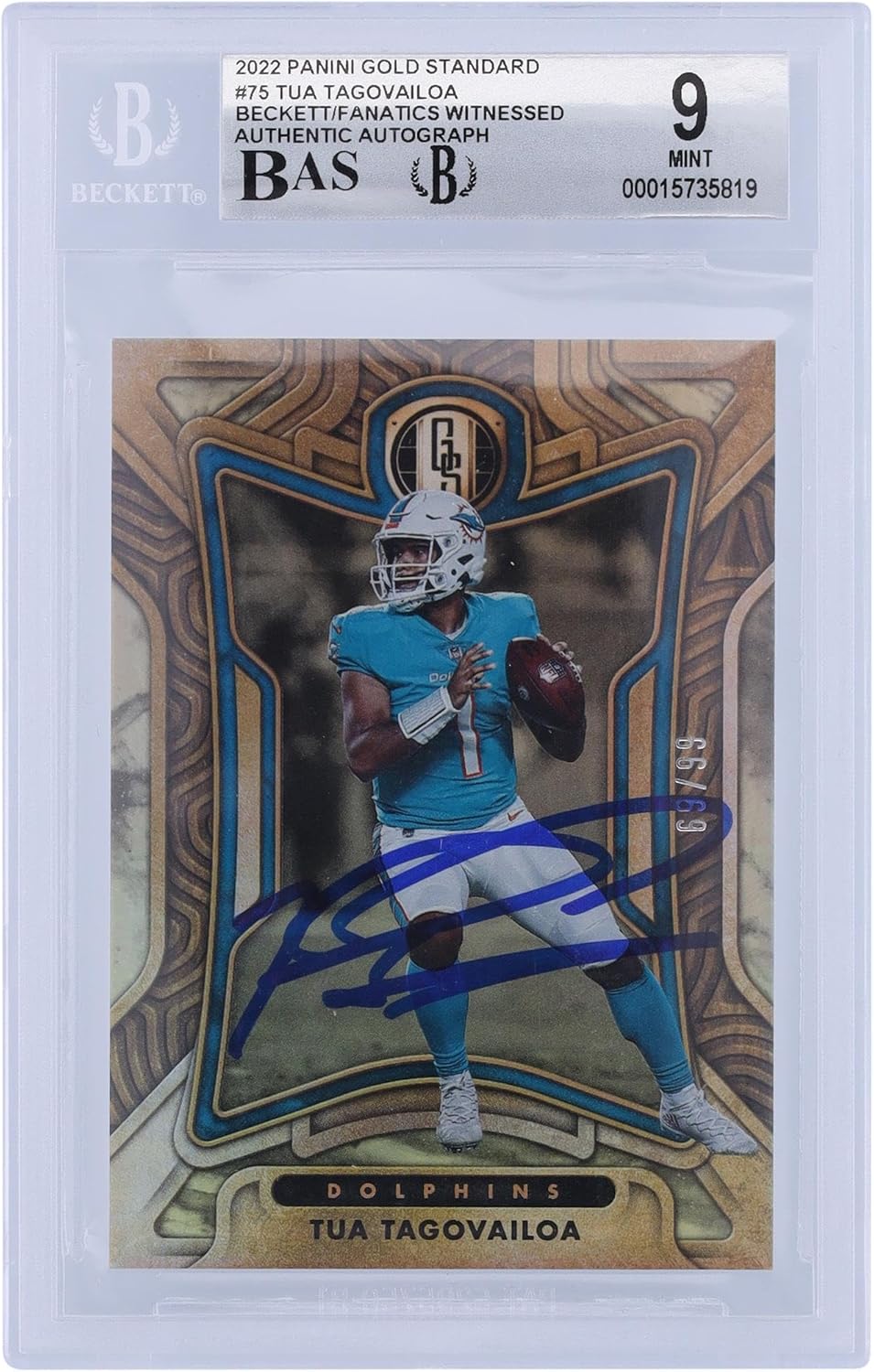 Tua Tagovailoa Miami Dolphins Autographed 2022 Panini Standard #75#/99 Beckett Fanatics Witnessed Authenticated 9/10 Card - NFL Autographed Football Cards