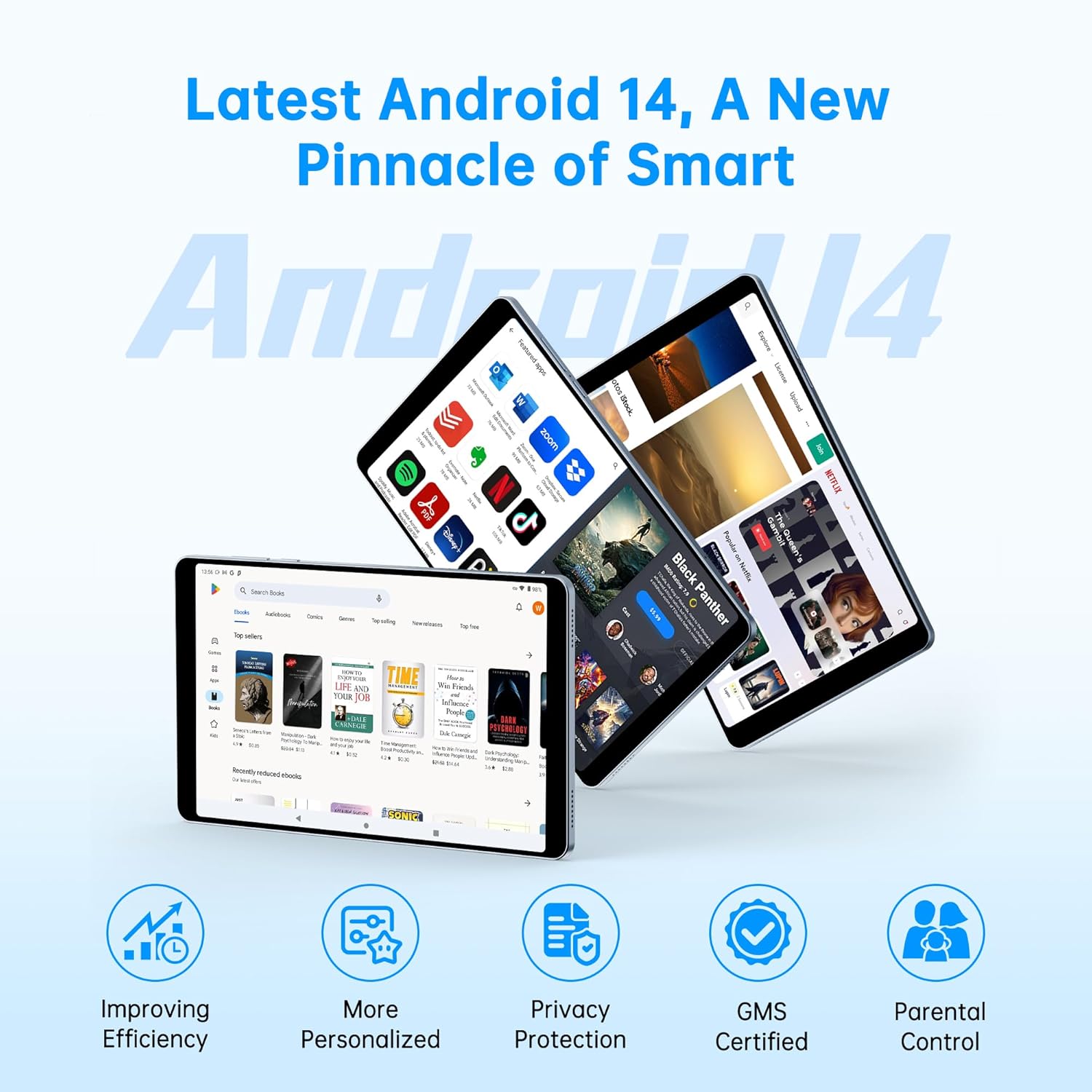 Image displaying the Android 14 interface on the Topsand N8 Plus tablet, highlighting features like improving efficiency, more personalized options, privacy protection, GMS certification, and parental control.