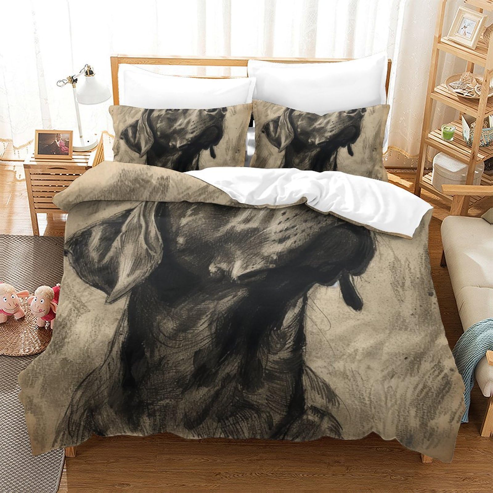 Housses de couettes respirantes imprimé 3D chien Rowena parure de lit double super douce