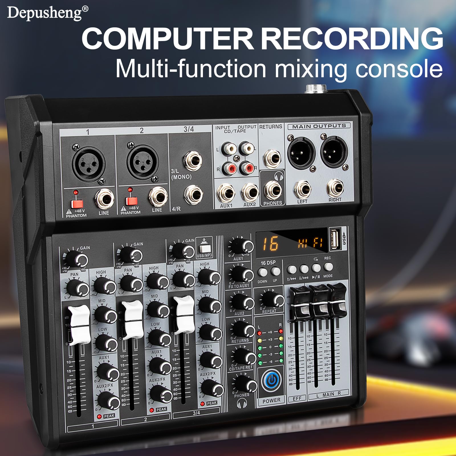 Mezclador de Audio Profesional, 4 Canales, Consola de Mezclas con Interfaz de Sonido, Procesador DSP de 16 Bits, Bluetooth, Phantom +48V para Karaoke, Estudio y Grabación