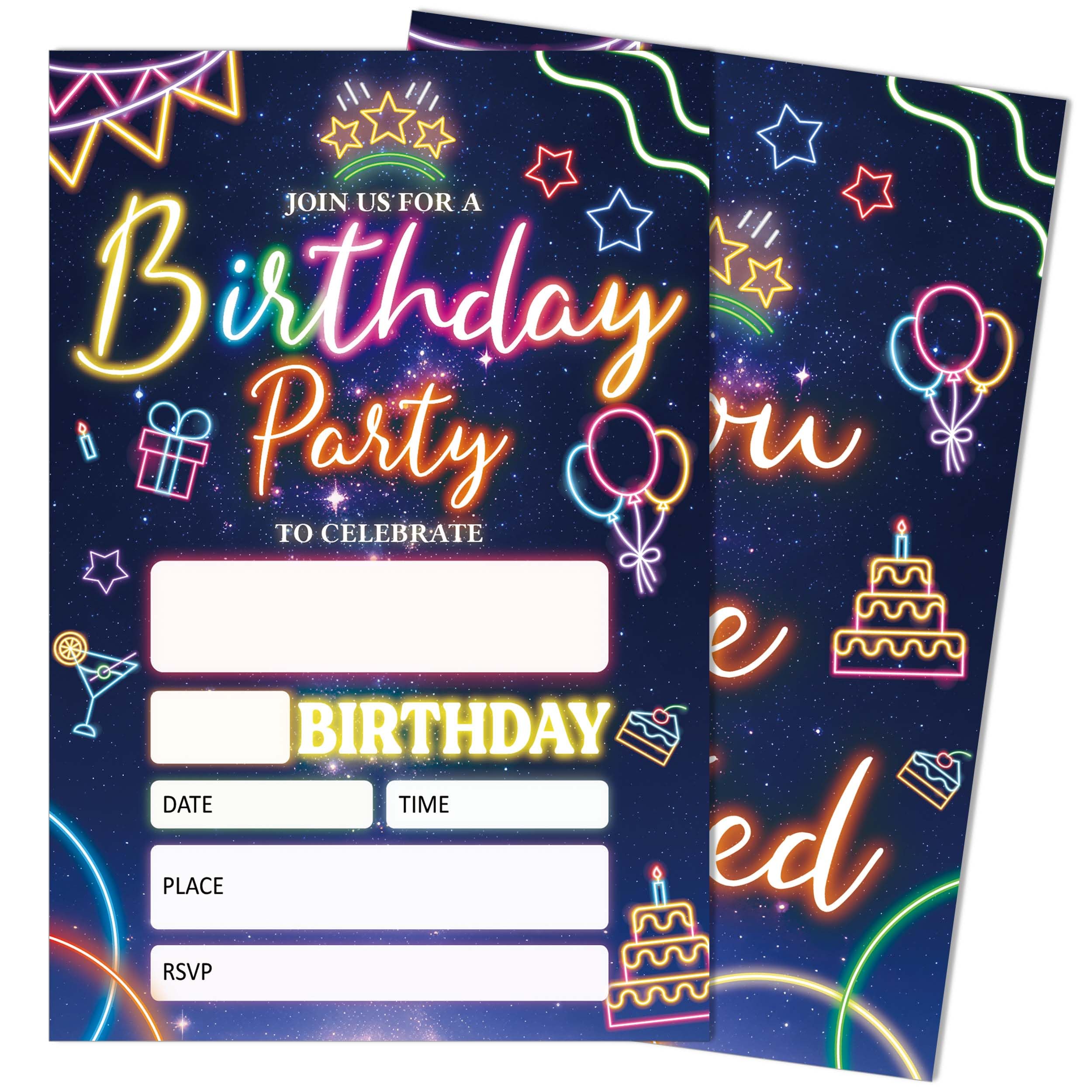 SIXEIGHT Glow Birthday Party Invitations, Neon Birthday Invitations for Kids, 20 Double Sided Invite Cards with Envelopes for Boys Girls, Glow Party