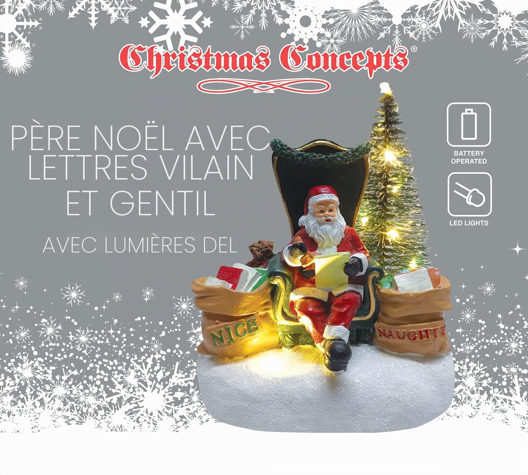 Christmas Concepts® 16cm (6.4") Père Noël lisant des Lettres Coquines et gentilles avec des lumières LED Blanches Chaudes - à Piles - Village de Noël