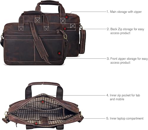 Vista 34 de Oak Leathers Leather Messenger Bag for Men and Women - Laptop Briefcase Bag For College, Office, Adjustable Shoulder Strap Nuez