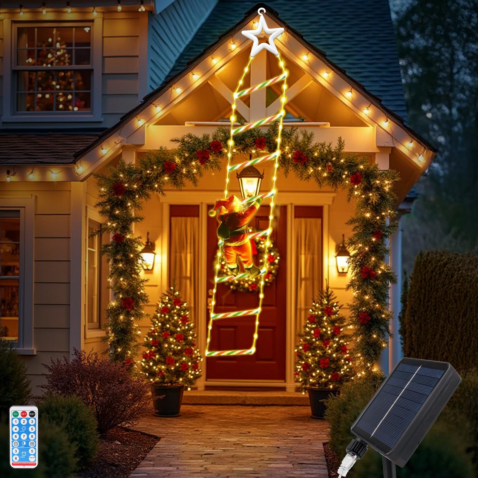 WoskjXas 6.56Ft Solar Christmas Ladder Lights, 2M 124 LED Santa Climbing Ladder Lights Outdoor with 8 Modes, Timer Christmas Led Light for Outdoor Indoor Wall Window Xmas
