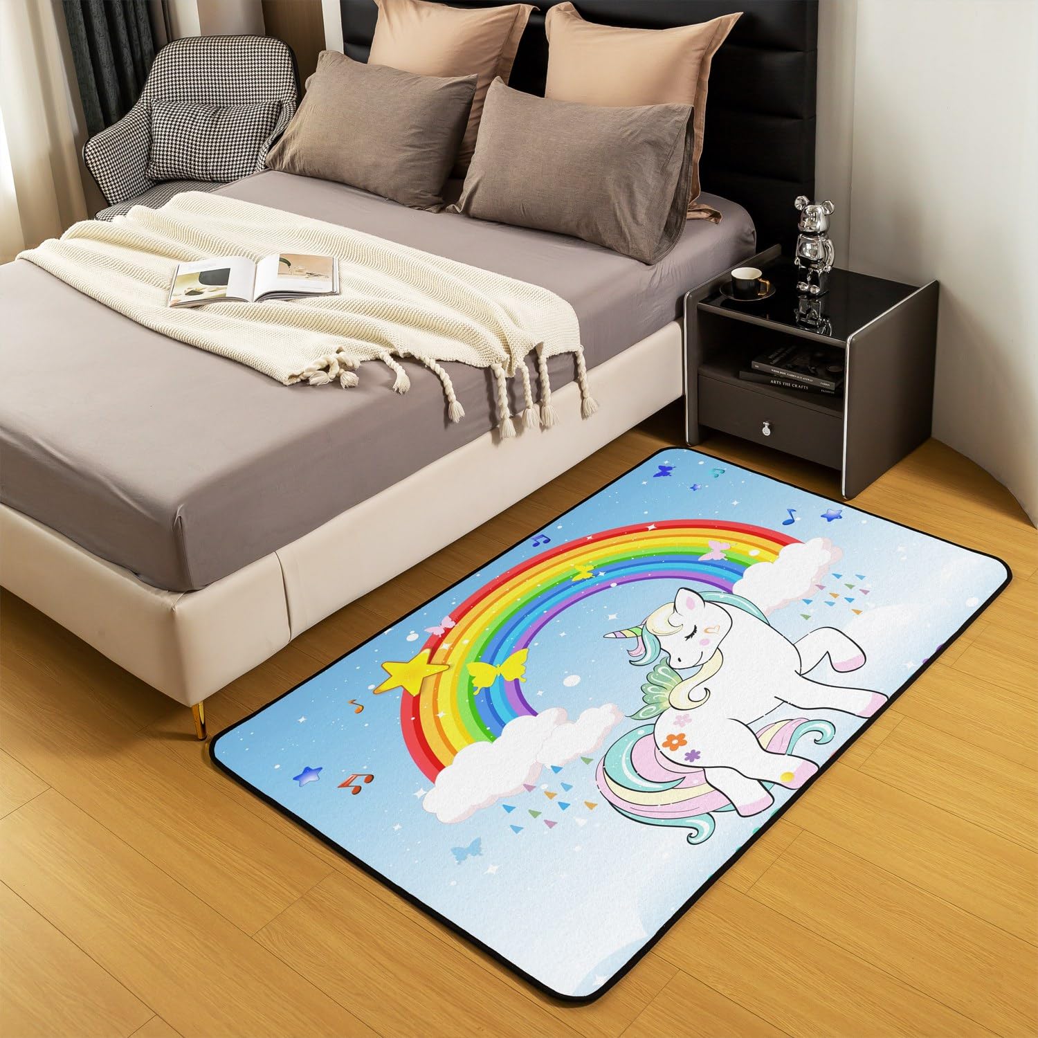 Homewish Tapis de Sol Licorne pour Chambre de Fille - Bleu Clair Et Blanc, Décoratif Imprimé Arc-en-Ciel Kawaii Antidérapant, Intérieur Cheval Blanc, 100x150
