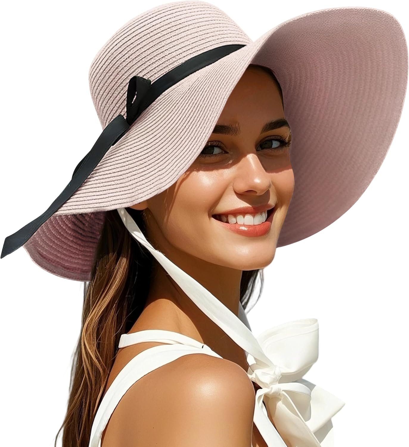 Wide Brim Women Straw Sun Hat Bucket UV Protection Foldable Breathable Summer Hat for Beach Travel Outdoor Activities