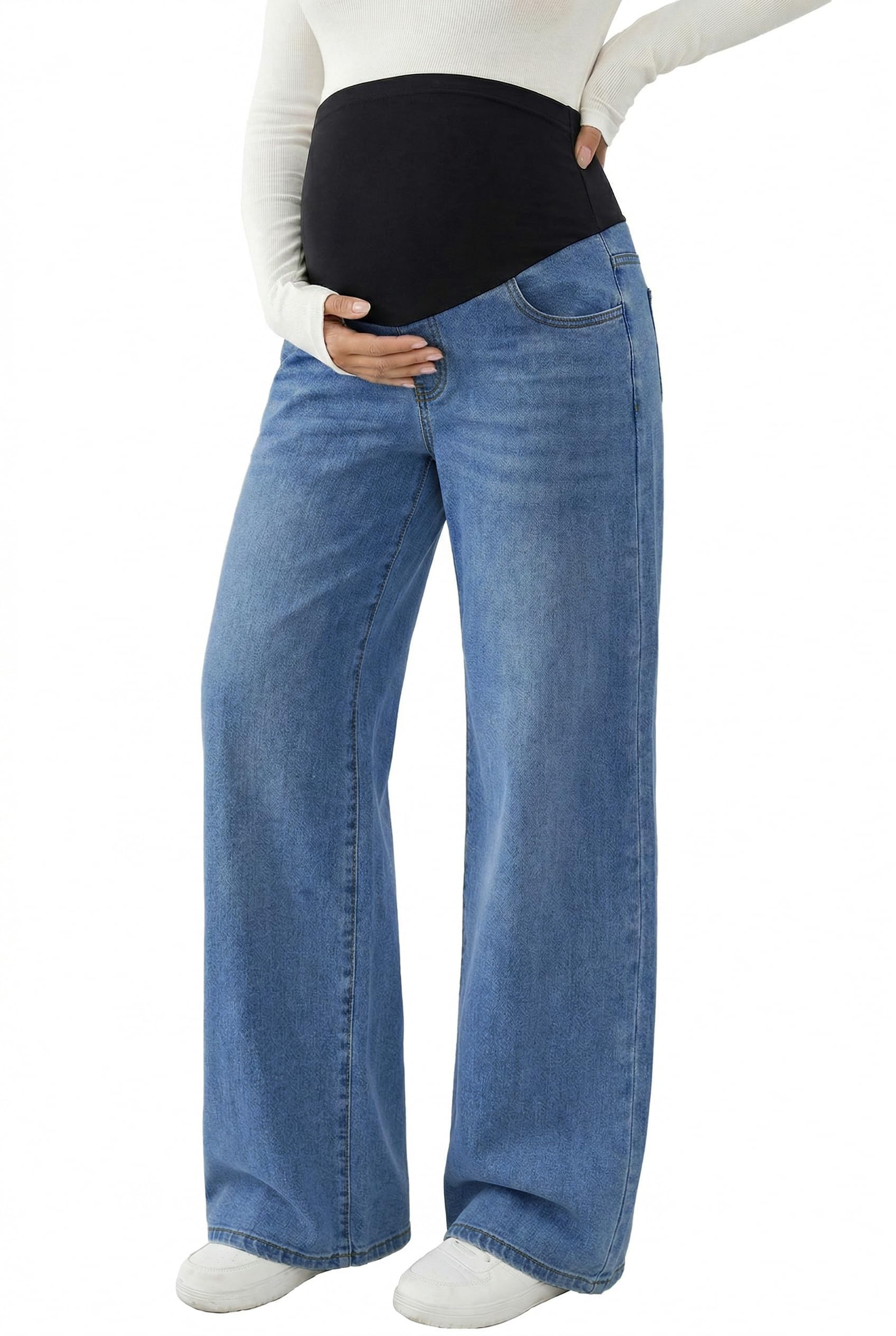 Damen Umstandsjeans Weites Bein Jeans | über dem Bauch, Bequeme Stretch, Gerade Beine, Denim Umstandshose, Schwangerschaftsjeans, mit Taschen