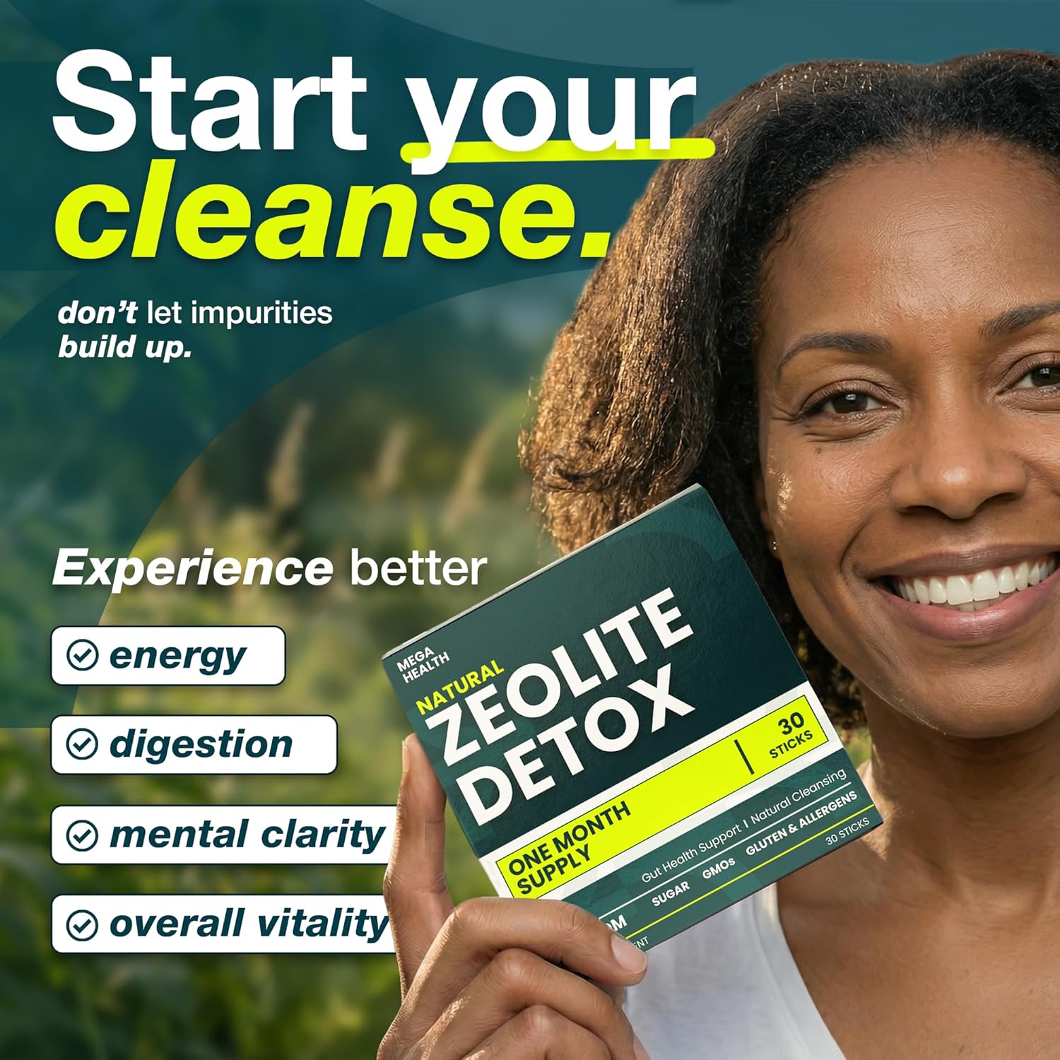 MEGA HEALTH Natural Zeolite Detox Sticks – Zeolite Detox Cleanse with Vitamin B12 & D3 | Simple Parasite Cleanse & Liver Detox Support for Humans | Vegan, Non‑GMO, 30-Day Supply