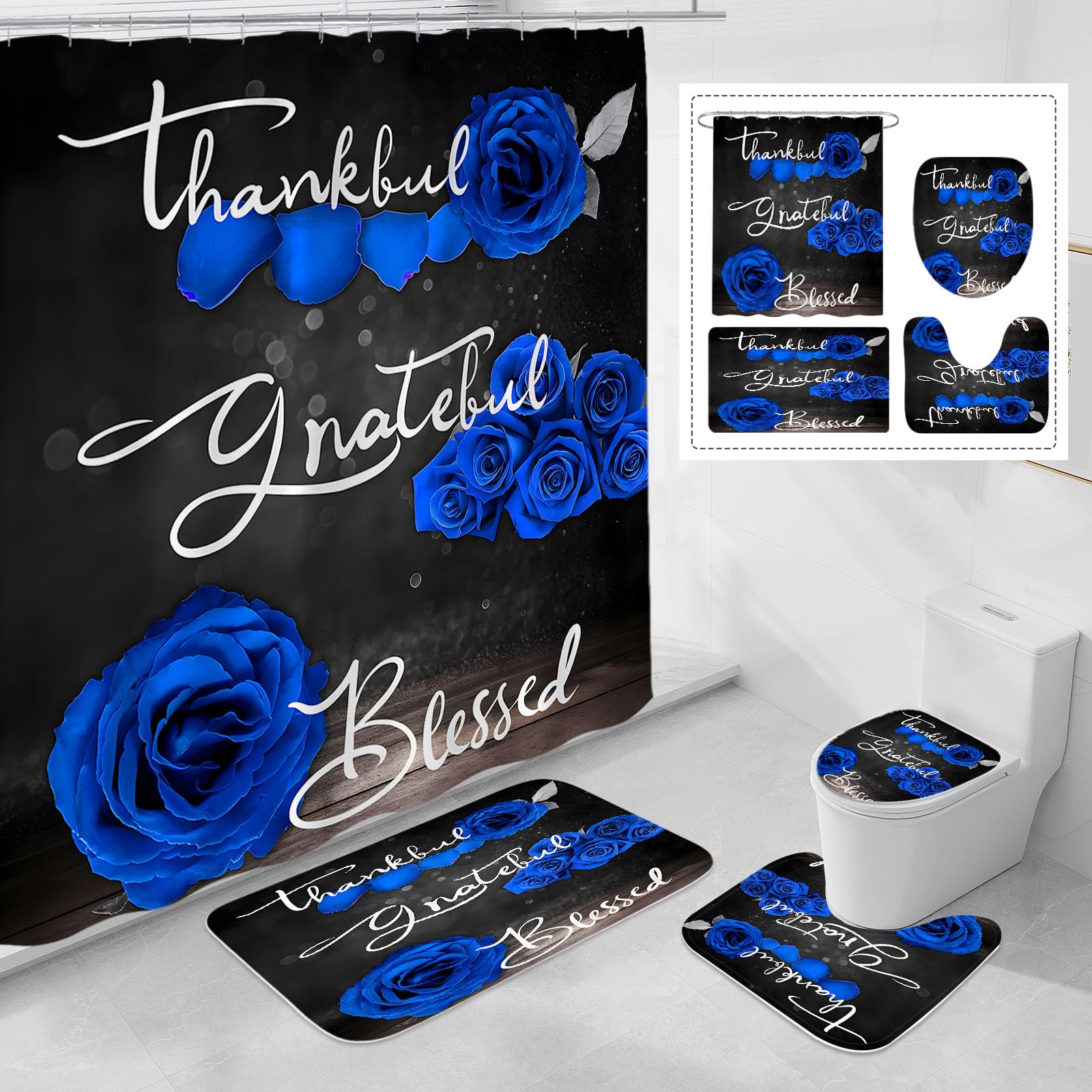 Litabel 4 Pcs Royal Blue Rose Shower Curtain Set with Non-Slip Rugs, Toilet Lid Cover and Bath Mat, Thankful Grateful Blessed Romantic Elegant Floral