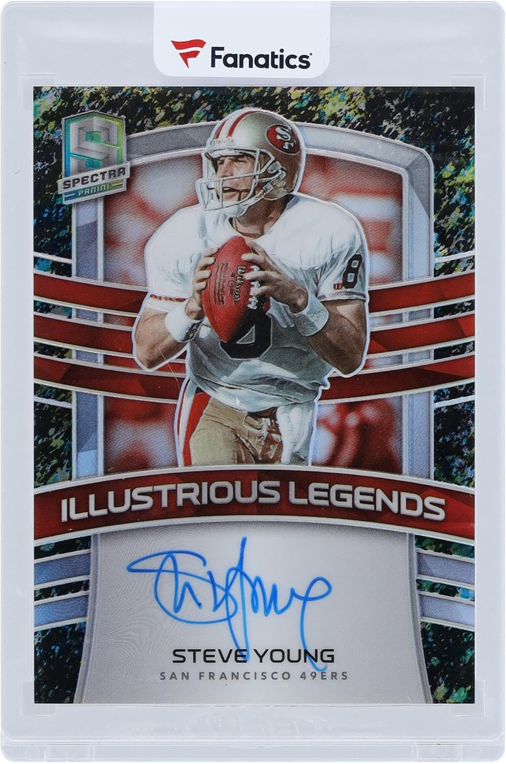 Steve Young San Francisco 49ers Autographed 2021 Panini Spectra Neon Splatter Prizm Illustrious Legends #ILS-SY #5/5 Card - NFL Autographed Football Cards