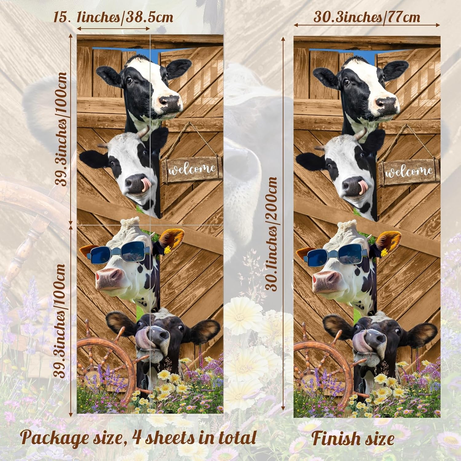 Door Stickers Decals Peel and Stick Removable Wallpaper Funny Cow Decals Cow Print Decor Rustic Farm Animal Sticker Cow Art Vinyl Door Decals for Living Room Kitchen Home Farmhouse Decor,30.3" x 78.7"