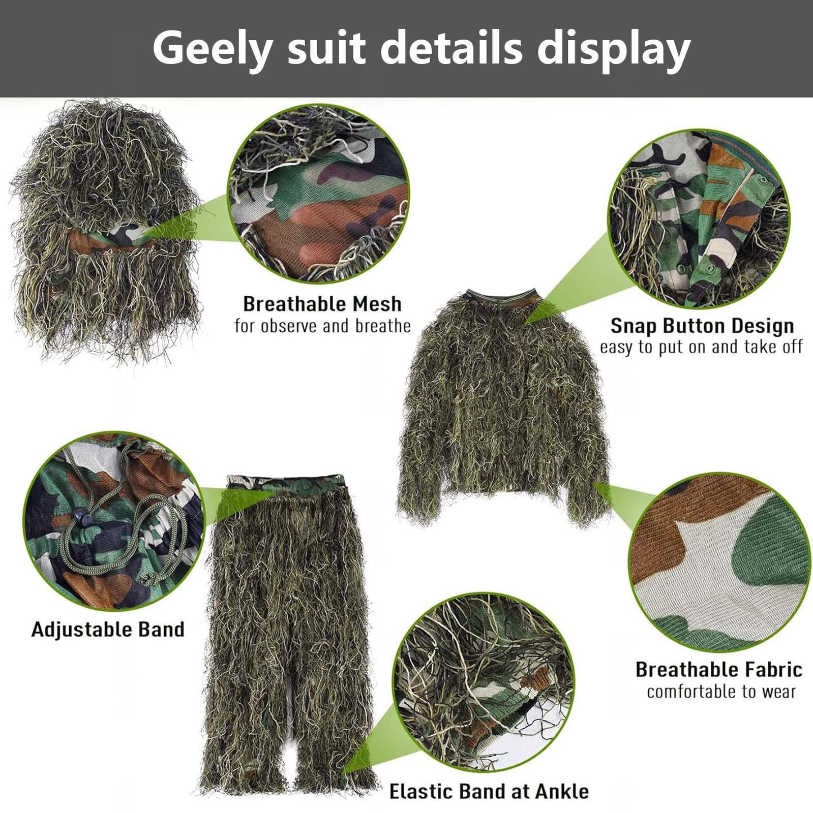 HAZARA 5-Teilige 3D Tarnanzug Camouflage Jagdbekleidung Tarnanzug Einschließlich Jacke,Hose,Kapuze,Tragetasche Wald Kostüm für Paintball, Halloween-Kostüm,ForestGreen-Kids