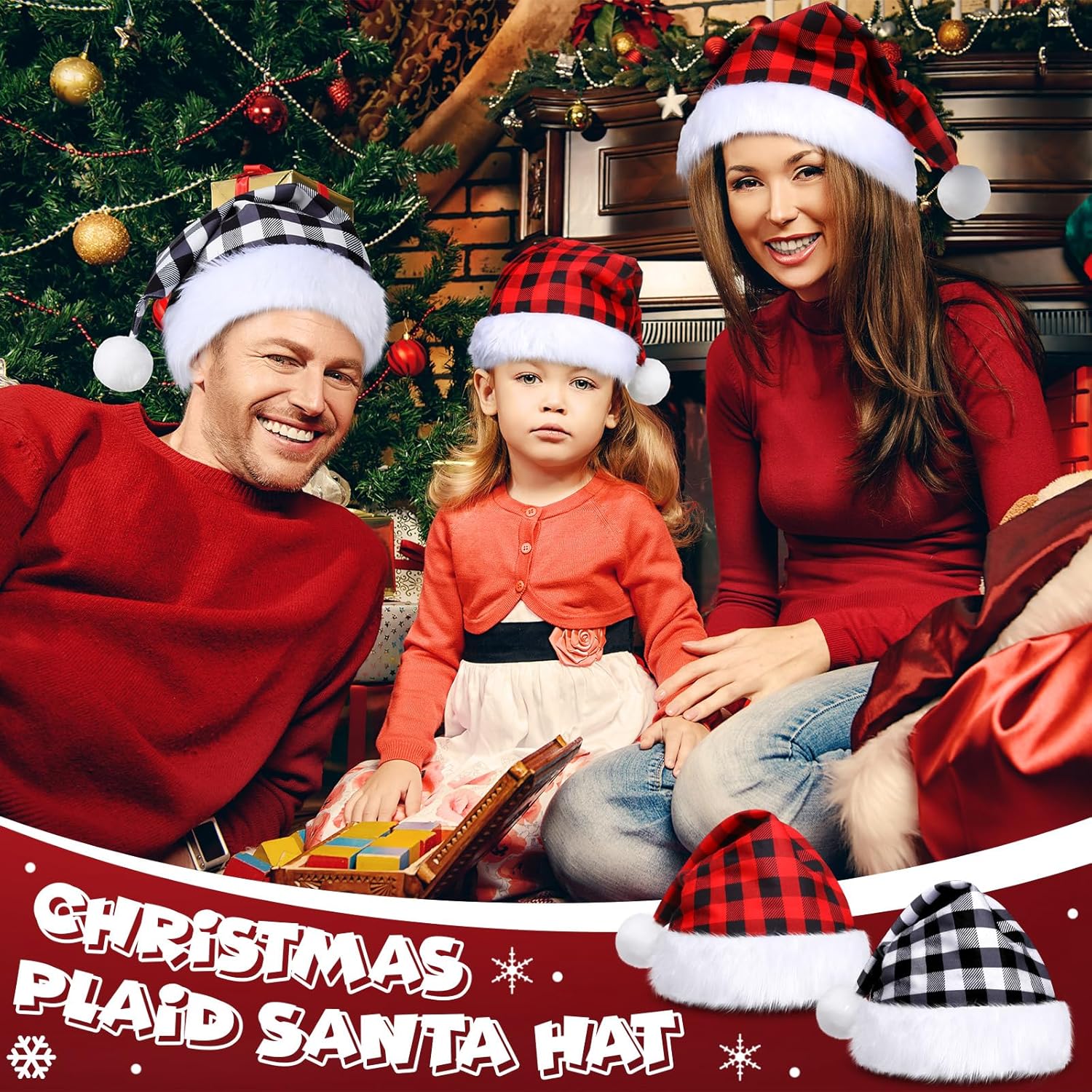 Handepo 24 Pieces Santa Hat Christmas Santa Hat Plaid Christmas headdress Plush cap for Adults Xmas Costume Party and Holiday Event(Red with Black and Black with White)