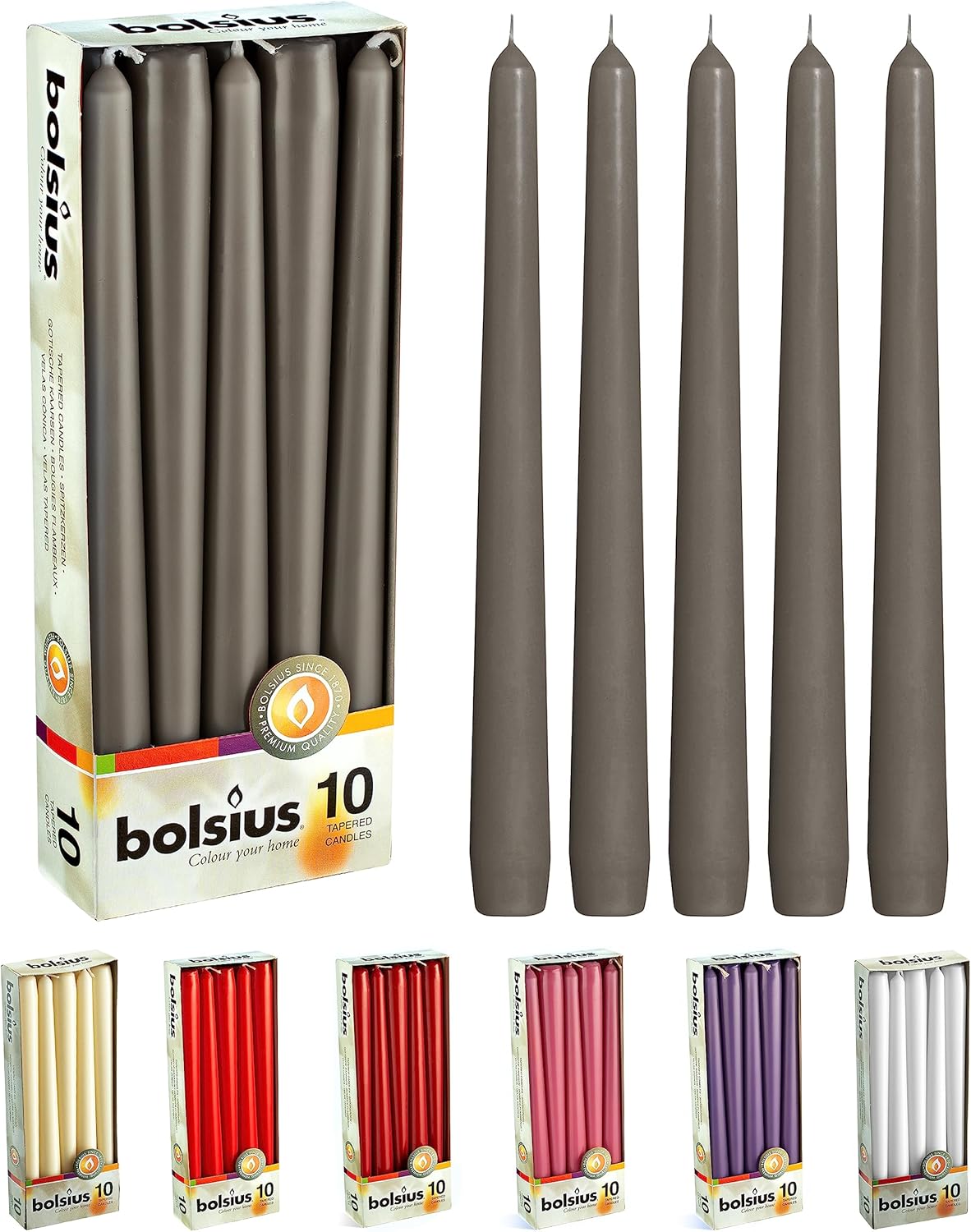 BOLSIUS 10 Inch Grey Taper Candles 8 Hours Burn Time Premium European Quality