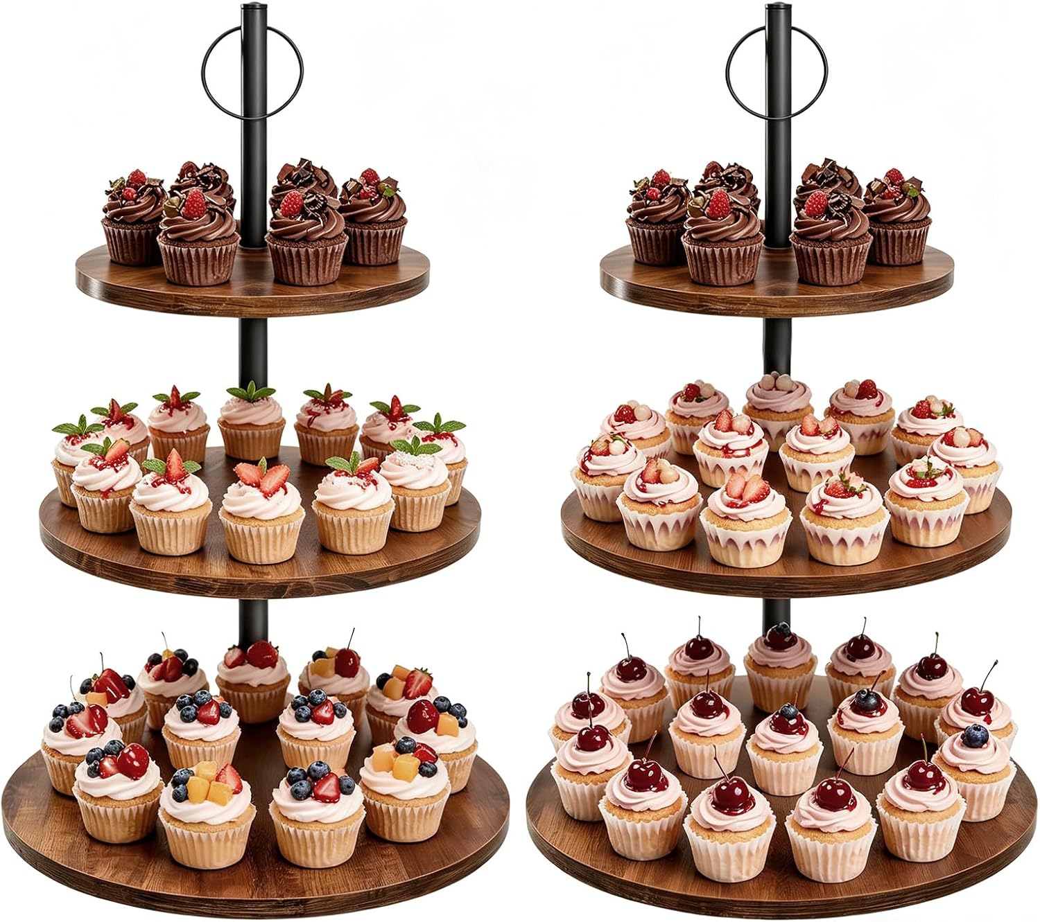 Wooden Cupcake Stand 2 Pack, Large Cupcake Tower Stand for 50 Cupcakes, 3 Tiered Wooden Serving Trays Stand, Soporte Para Cupcakes, Dessert Table Display