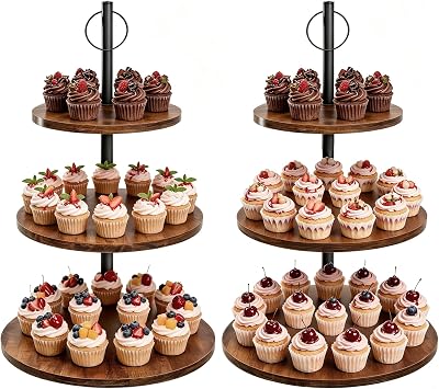 Wooden Cupcake Stand 2 Pack, Large Cupcake Tower Stand for 50 Cupcakes, 3 Tiered Wooden Serving Trays Stand, Soporte Para Cupcakes, Dessert Table Display