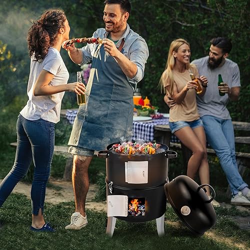 Miniatura 2 de Parrilla ahumadora 3 en 1, ahumador vertical de carbón de 16.5 pulgadas, ahumadores portátiles de carne al aire libre con termómetro integrado,