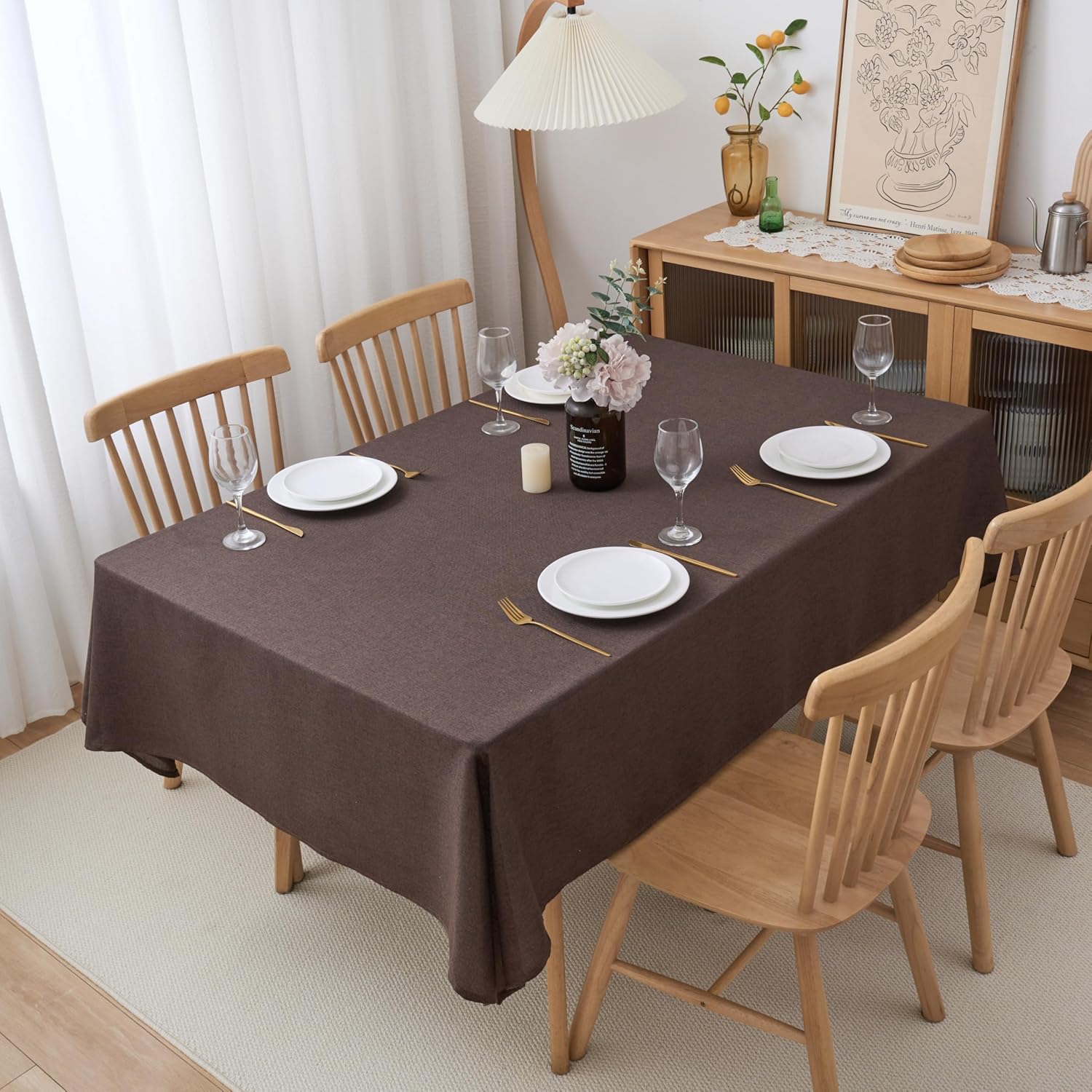 NLMUVW Brown Linen Tablecloth Rectangle, Extre Long Chocolate Table Cloth Farmhouse Table Cover for Kitchen Dining Coffee, 54 x 140 Inch