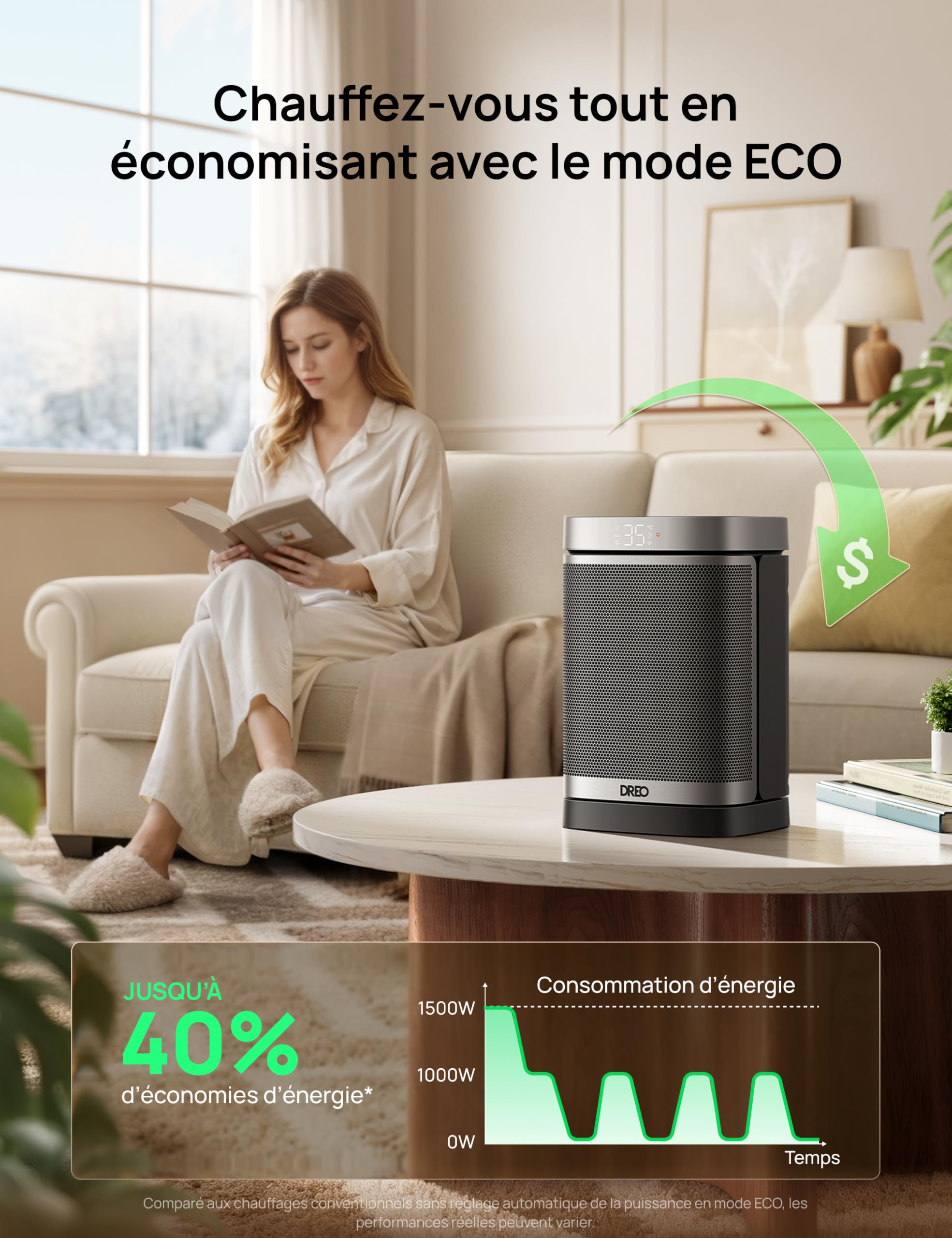 Dreo Chauffage d'appoint Atom One, Oscillant sur 70°, Électrique, Radiateur céramique PTC avec thermostat, Minuterie 1-12 h, Télécommande, Protection anti-surchauffe et anti-basculement, Mode ECO