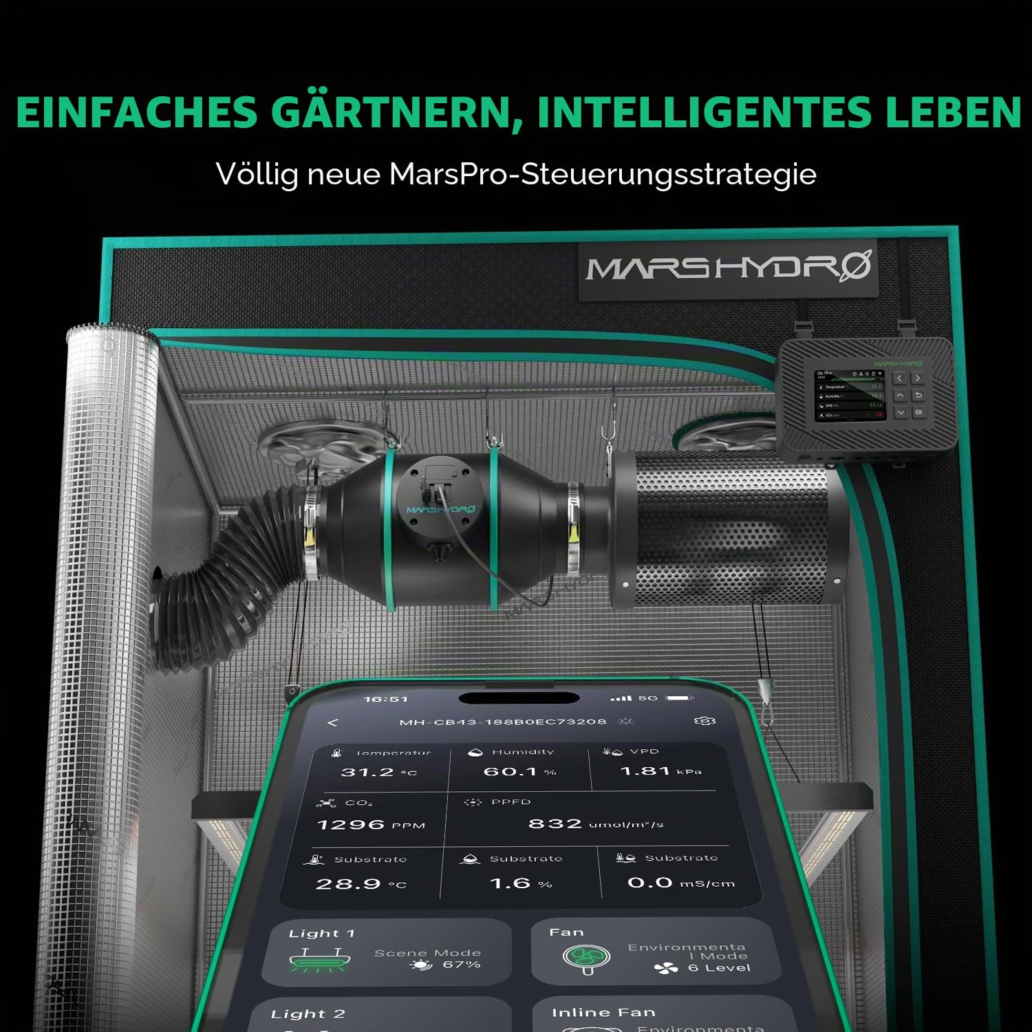 MARS HYDRO 4" Rohrventilator 100mm/Abluftset mit iControl Temperatur- & Feuchtigkeitsregler, App-Fernsteuerung, Aktivkohlefilter-Kombo + Abluftschlauch，Belüftungssystem Lüftungsset für Growzelt
