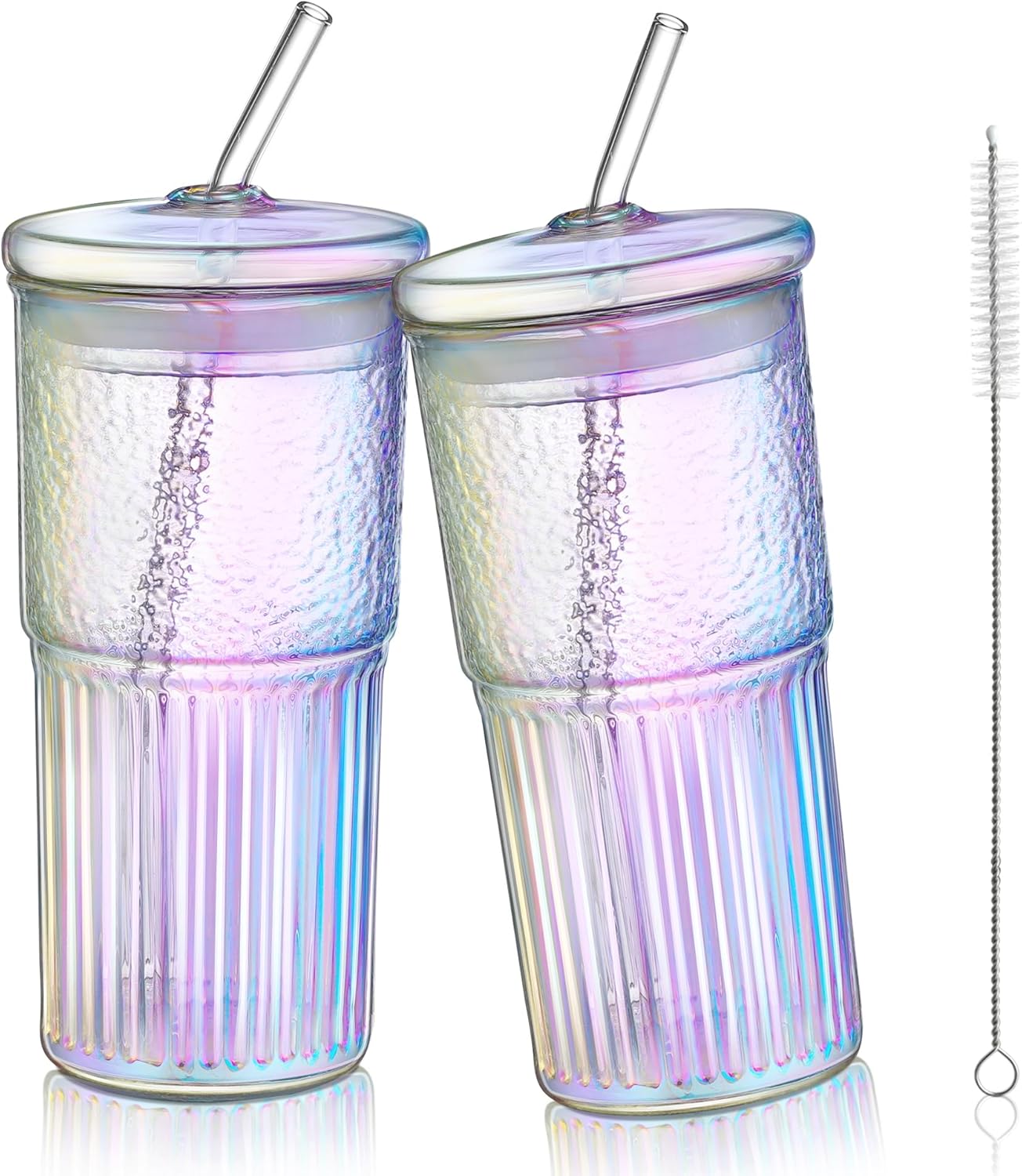 Joeyan 22 oz Iridescent Glass Tumbler with Straw and Lid for Iced Tea Coffee Smoothie Water Juice Beverages Soda,Ribbed Glasses Cups,Borosilicate Drinking Jar,Set of 2