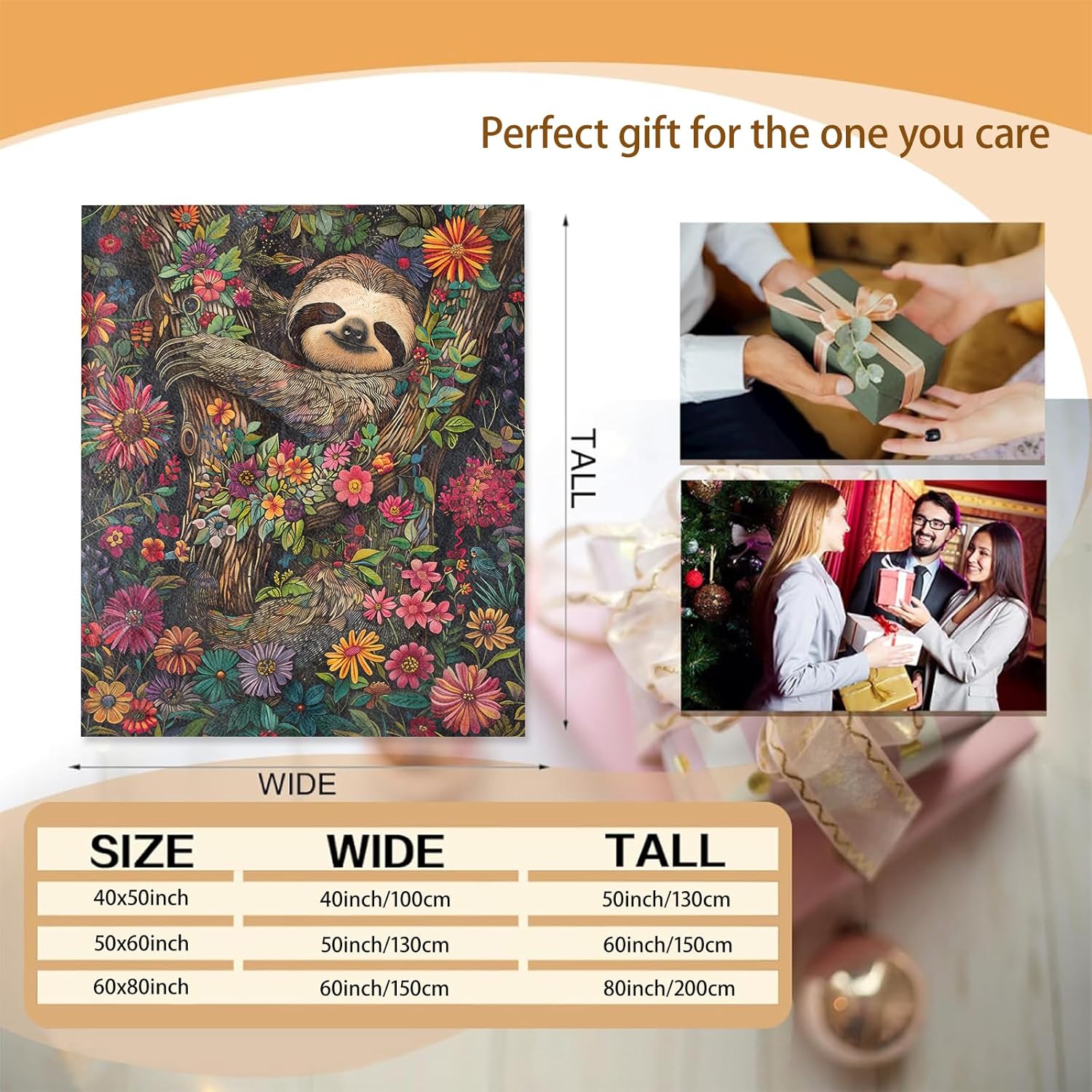Floral Sloth Blanket, Sloth Theme Flannel Blanket Gifts for Women, Soft Warm Lightweight Sloth Blankets for Living Room Home Sofa Travel Decor 50" x 60" - Image 3