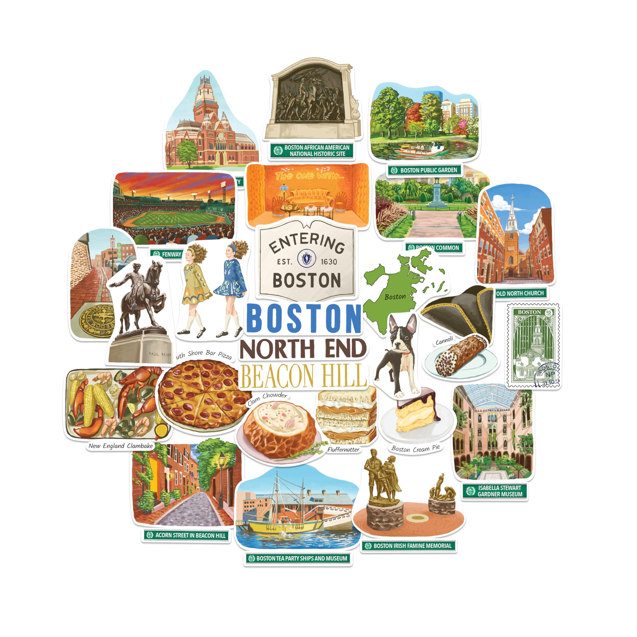 Navy Peony Multicolored Historic Boston Travel Stickers (28Pcs) - Hand-Illustrated, Massachusetts, City-Themed Vacation Decals For Scrapbooks, Journals, Souvenirs