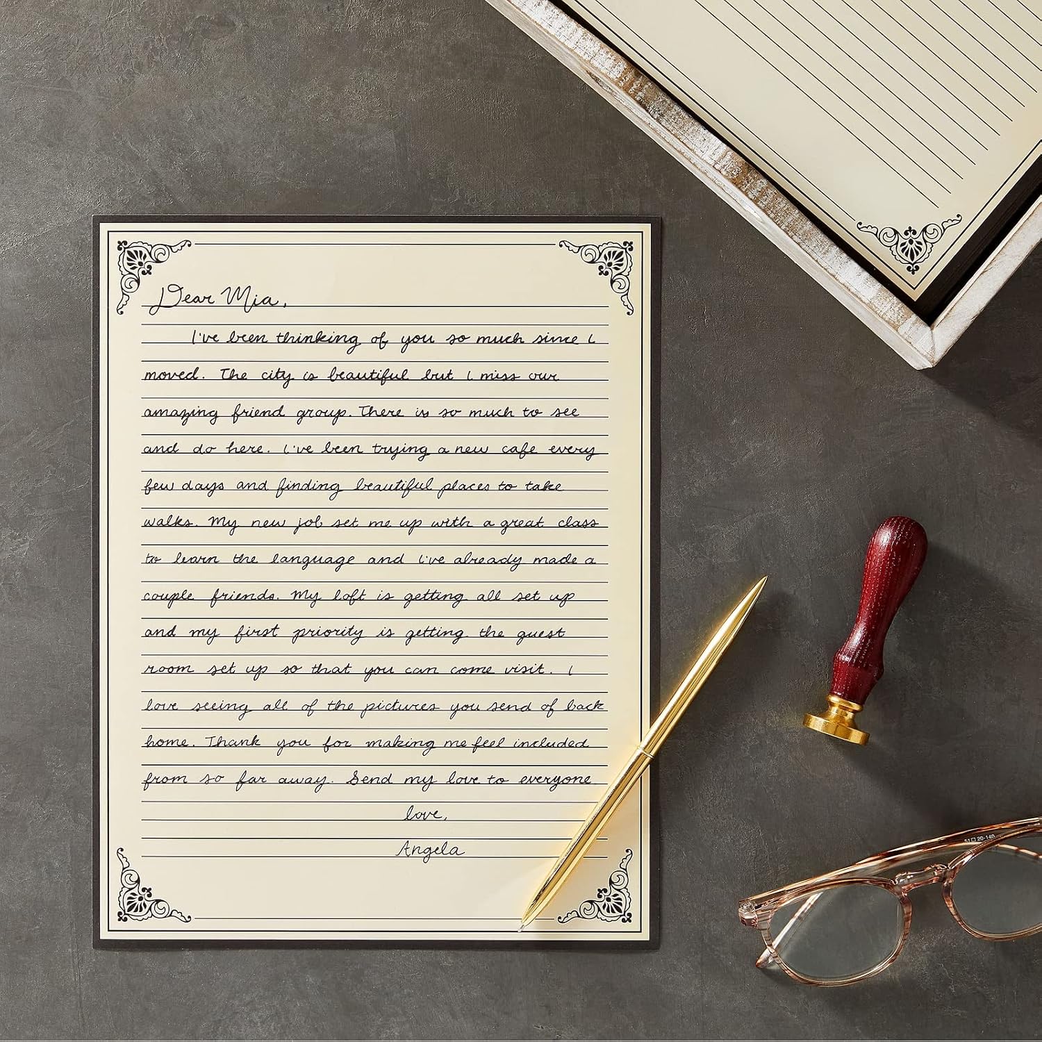 96 Sheets Fancy Vintage Lined Paper with Antique Border Design, Aged Stationery for Writing Letters, Invitations, Poems, Lyrics, Notes, Cream Color (8.5x11 Inches)