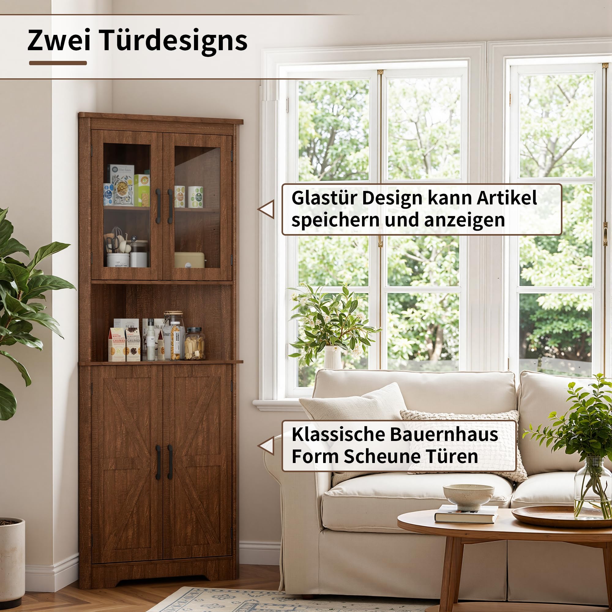 BonVache Eckschrank, hoher schmaler Badezimmerschrank mit 2 Türen und 5 Ablageflächen, Aufbewahrungsschrank für Küche, Schlafzimmer, Wohnzimmer, 170 cm Eckregal, Braun