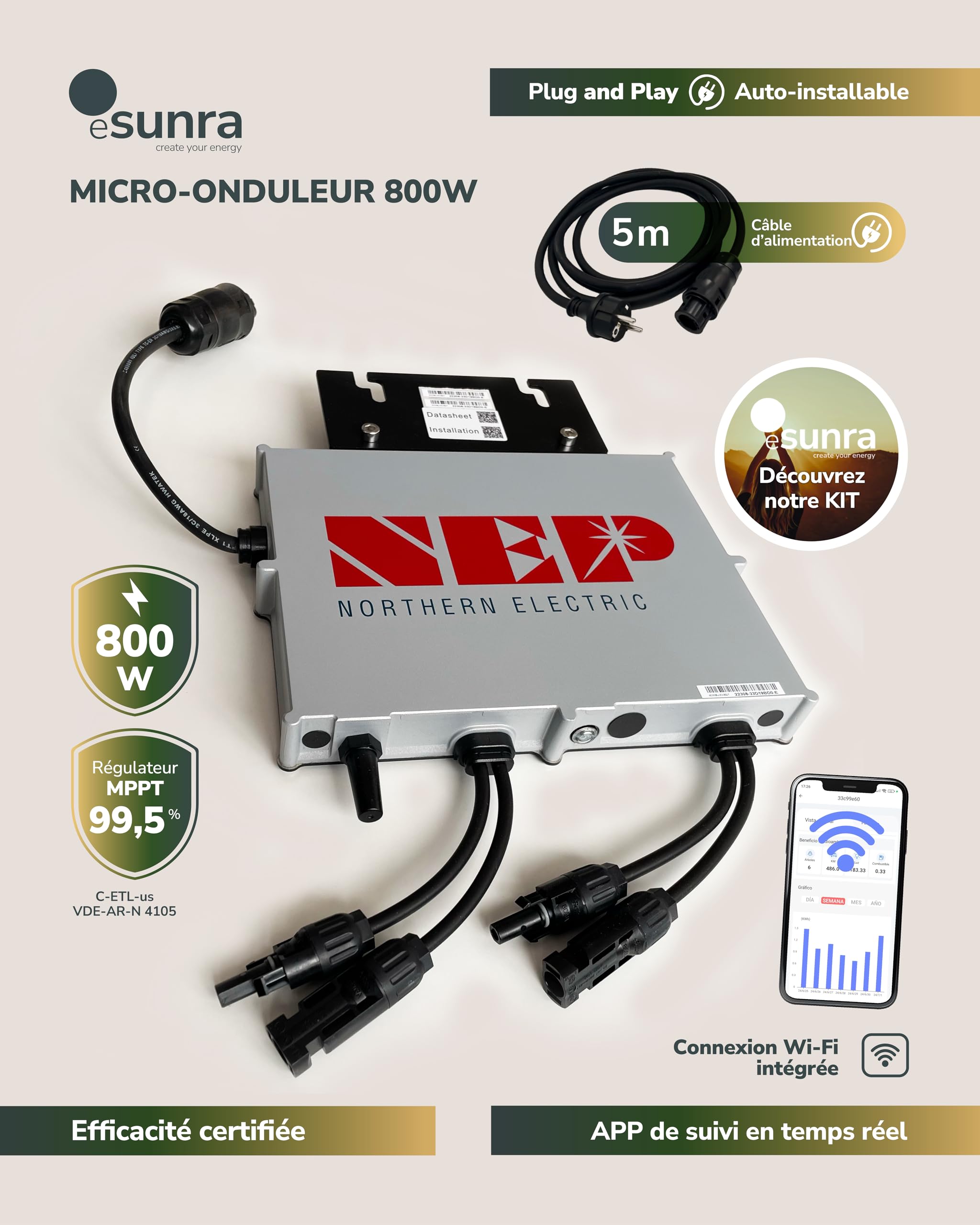 Kit solaire balcon 800W – Plug and Play – 2 panneaux solaires bifaciaux 430W – ALL BLACK – TOPCon – Micro-onduleur NEP BDM800W – Câble de 5 m – Application de surveillance