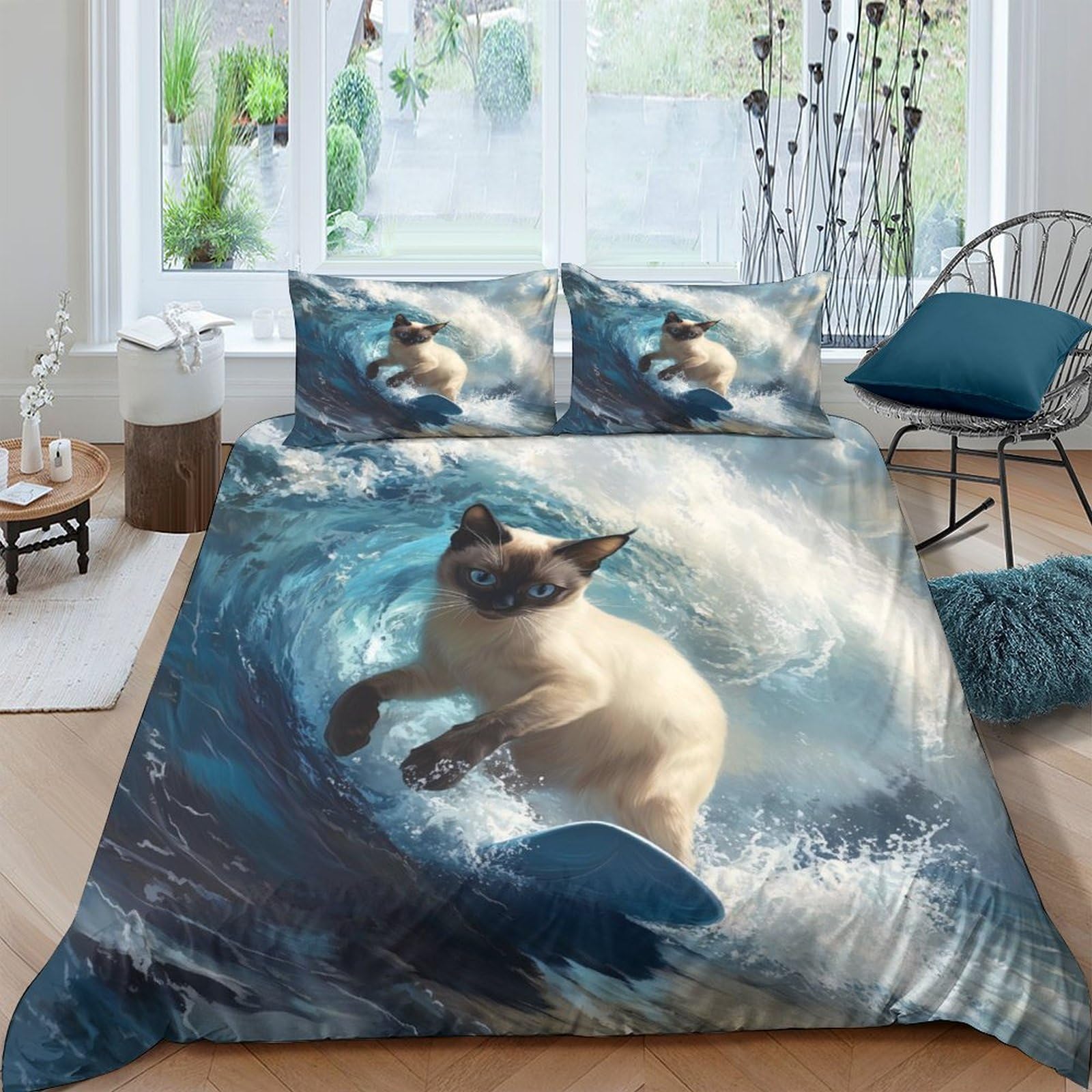 GPLZQXKJNH 3D Printed Surfing Cat Duvet Cover Microfiber Soft Blue Ocean Wave Bedding Set with 2 Pillowcases for Bedroom Decor Single（135x200cm）