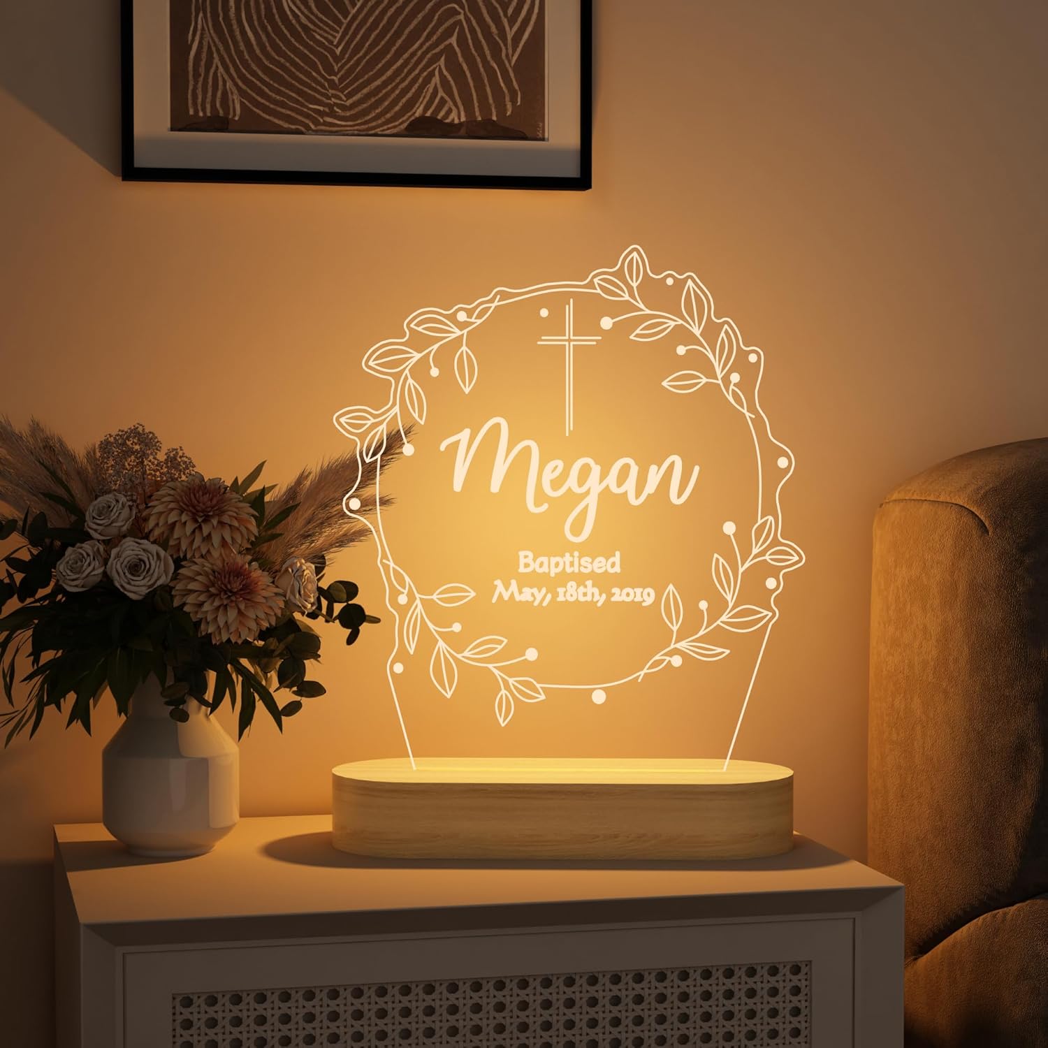 YuanDian Personalised Baptism Gift for Boys, Customize Bless The Child Cross Wooden Lamp Novelty Night Light for Kids, Decoration USB Bedroom Decor Christening Dedication Gift Godparents Gifts