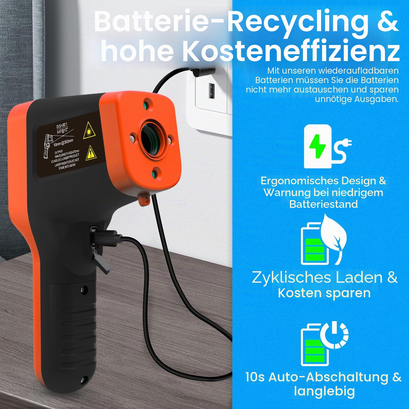 Infrarot Thermometer WapoRich Pyrometer -50~1600°C, DS 30:1 Digitales Laserthermometer mit Doppel-Laser, Wiederaufladbar, für Pizza, Schmelzofen, Industrie, HVAC RQ-1600