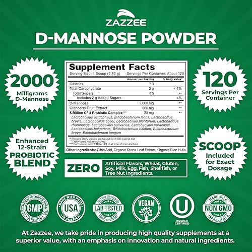 Miniatura 3 de Zazzee D-Mannose Powder Plus, 2000 mg, 120 porciones, potente y de acción rápida, más 5 mil millones de probióticos CFU y extracto de jugo de