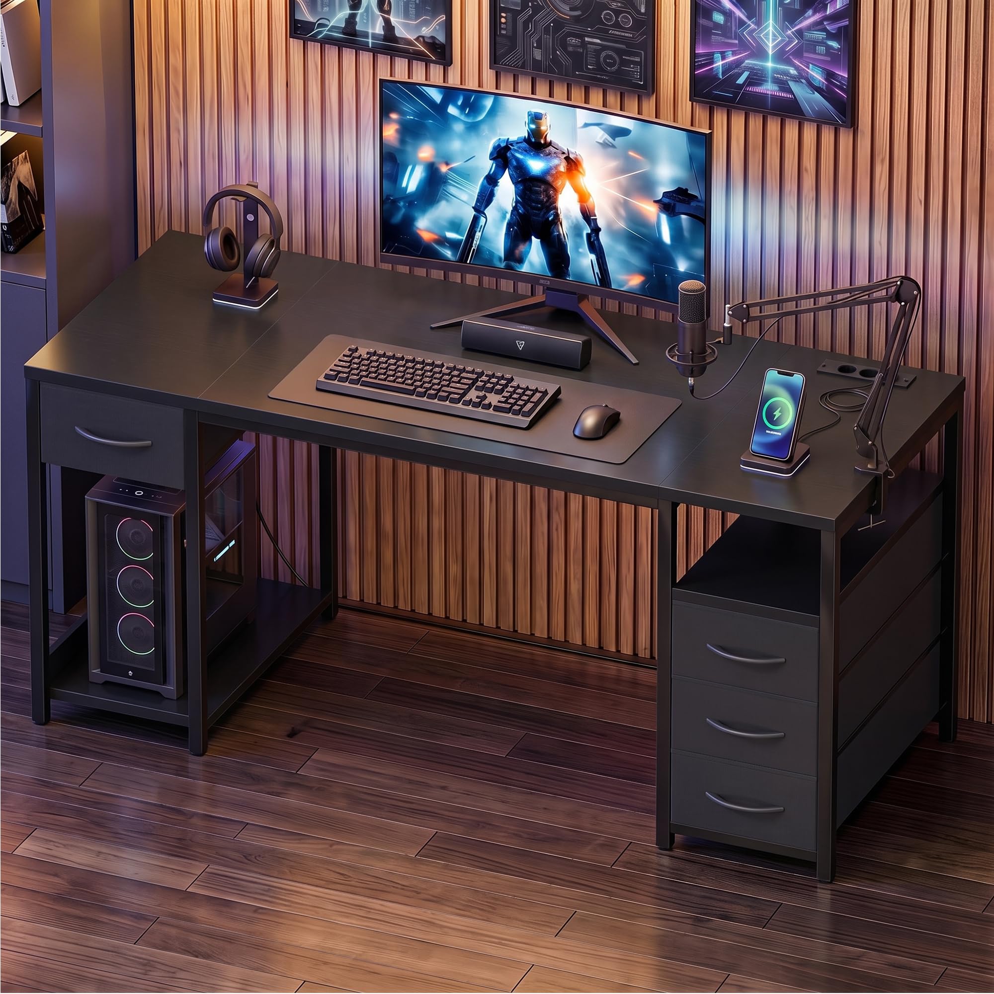 YOUDENOVA Schreibtisch mit 4 Schubladen, Computertisch 140cm mit Steckdosen und USB A/C, CPU-Ständer, Ablagefach, Stabiler Bürotisch PC Tisch Officetisch Für Büro Wohnzimmer Home Gaming Schwarz