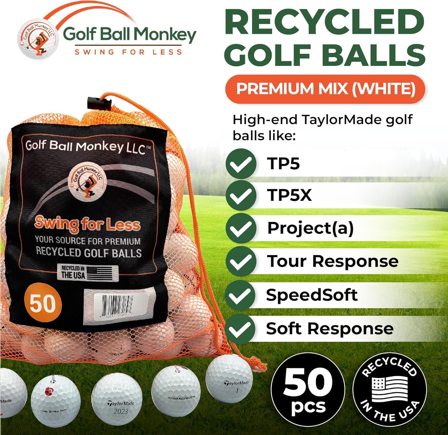 Golf Ball Monkey Günstige recycelte Golfbälle für Taylormade Golfbälle, weiße Mischung, 50 Stück, in gutem Zustand, TP5, TP5X, ProjectA, Tour Response, Distance Plus, RBZ und mehr (inkl. Netztasche)