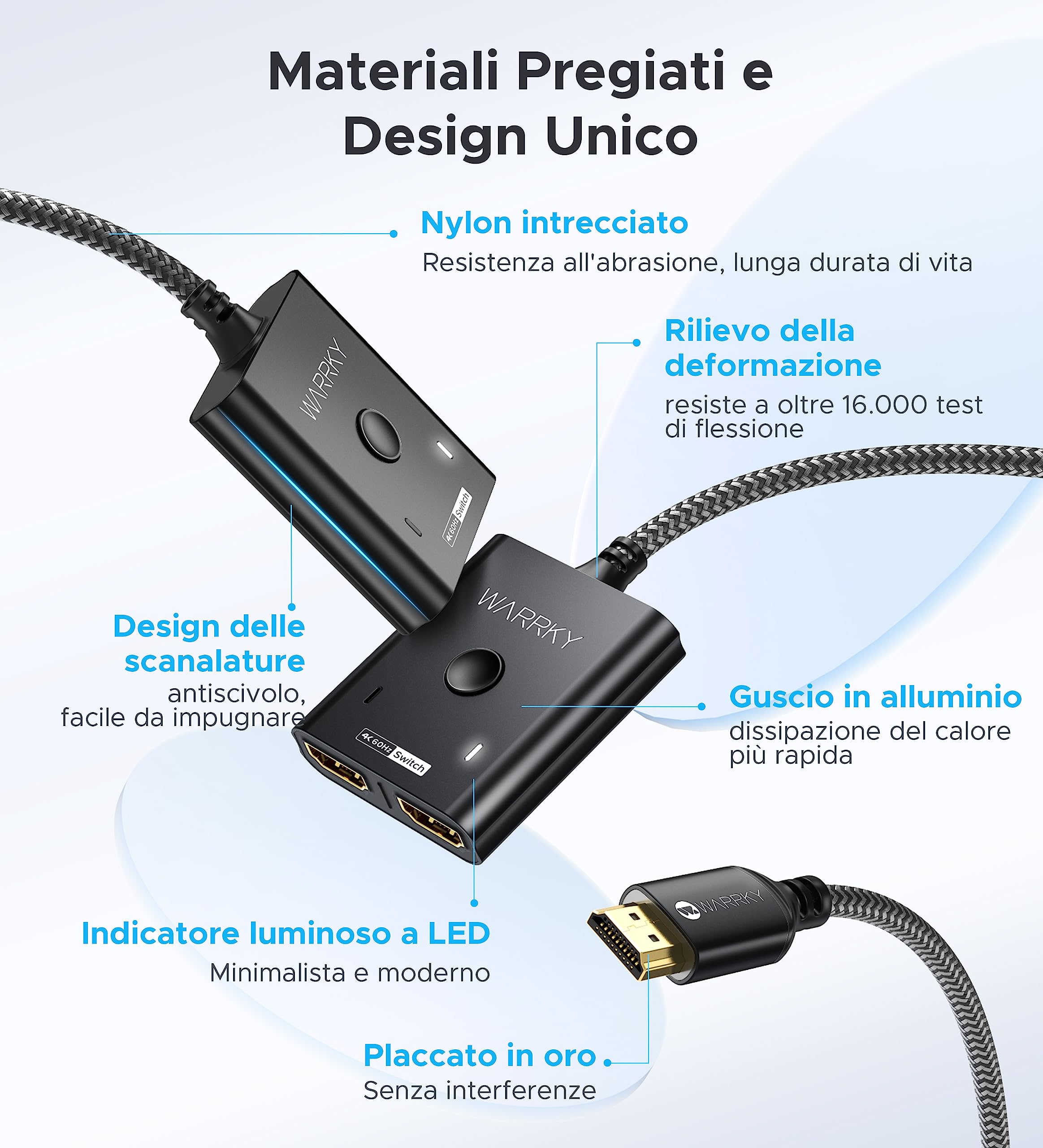 Switch HDMI 4K@60Hz, WARRKY [Alluminio, Cavo Fisso in Nylon 1m] Sdoppiatore HDMI Bidirezionale 2 in 1 out (Uno Schermo alla Volta), Splitter HDMI Supporto HDR/HDCP 2.2/3D 1080p Per TV, PC, PS5, Xbox