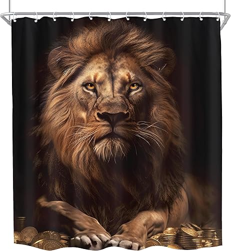 Miniatura 25 de KOMLLEX Cortina de ducha de león africano para decoración de baño, 60 pulgadas de ancho x 72 pulgadas de alto, cortina de ducha para hombre, monedas