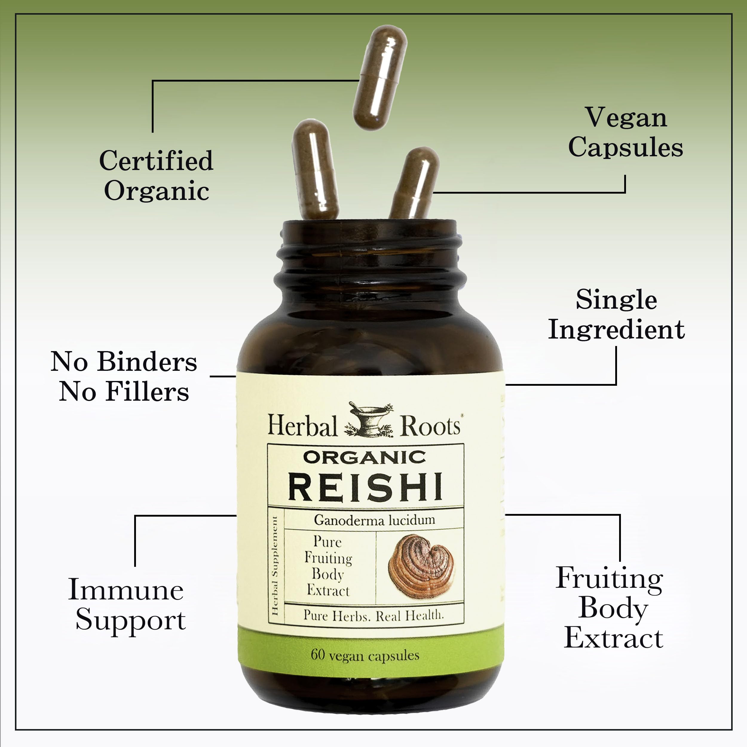 Herbal Roots Organic Reishi Mushroom Capsules - Made with Pure Fruiting Bodies - USDA Certified Organic - Supports Vitality & Cognitive Function - 60 Vegan Capsules — Amazon image 5