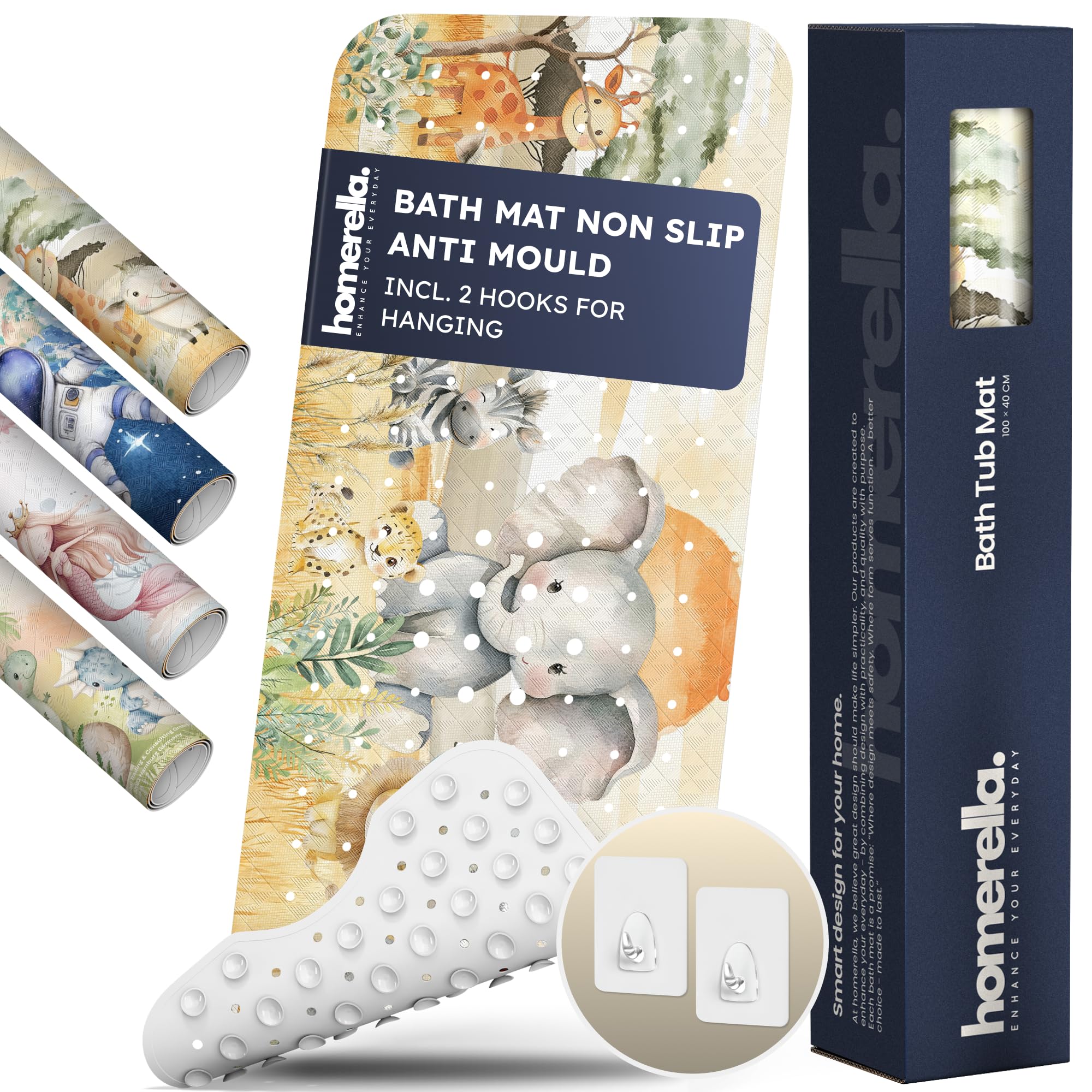 Homerella Bath Mat Non Slip Anti Mould Kids 100x40cm INCL. 2 HOOKS - Anti Slip Bathtub Mat Machine Washable, BPA free, Toddler Non Slip Bath Mat for Inside Bath Tub - Safari Splash