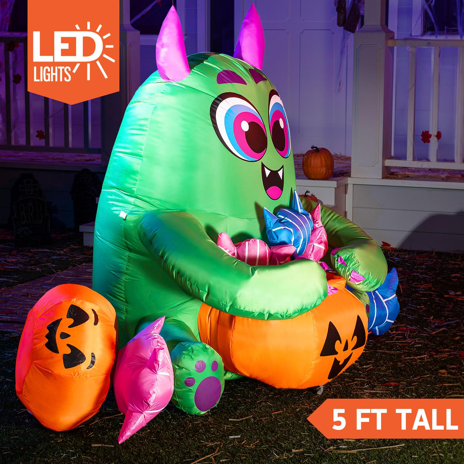 Joiedomi 5 FT Long Halloween Inflatable Monster Candy with Pumpkin Inflatable Yard Decoration with Build-in LEDs Blow Up Inflatables for Halloween Party Indoor, Outdoor, Yard, Garden, Lawn Decorations