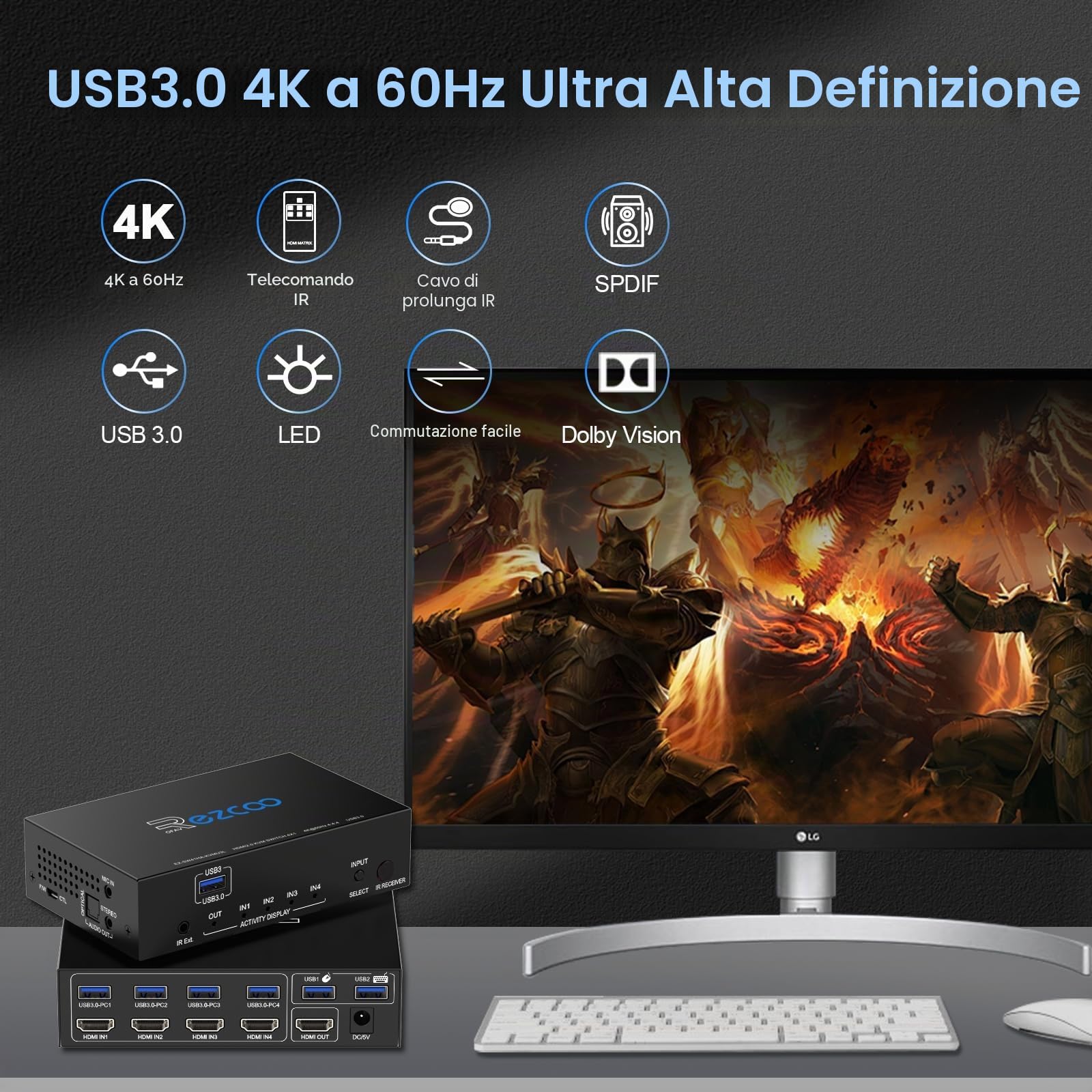 USB 3.0 HDMI KVM Switch 4 Porte 4 In 1 Out 4K 60Hz 4 In 4 Out SPDIF 5.1 Audio Breakout – Mouse/Keyboard/Wireless USB per PC, Printer, Scanner, Windows
