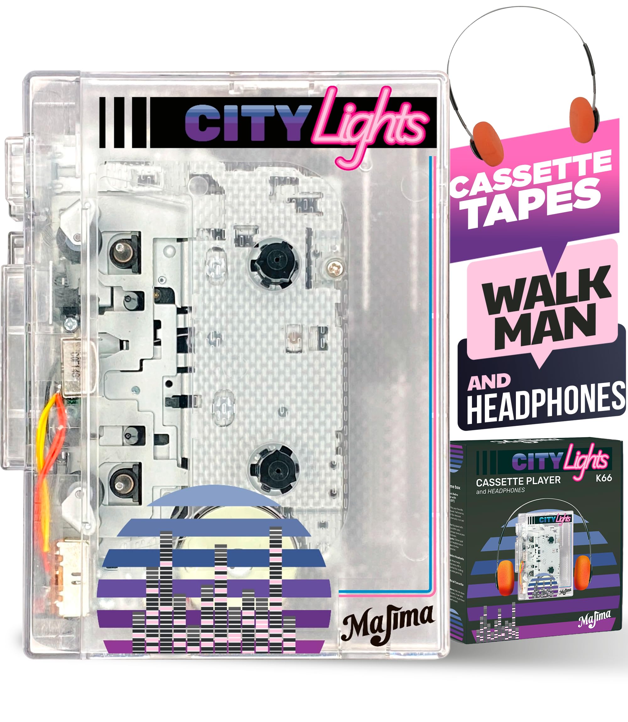 Bluetooth Cassette Player with FM Radio Transparent Portable Design Retro Audio Gift Supports USB Power or AA Batteries Wired Headphones Included